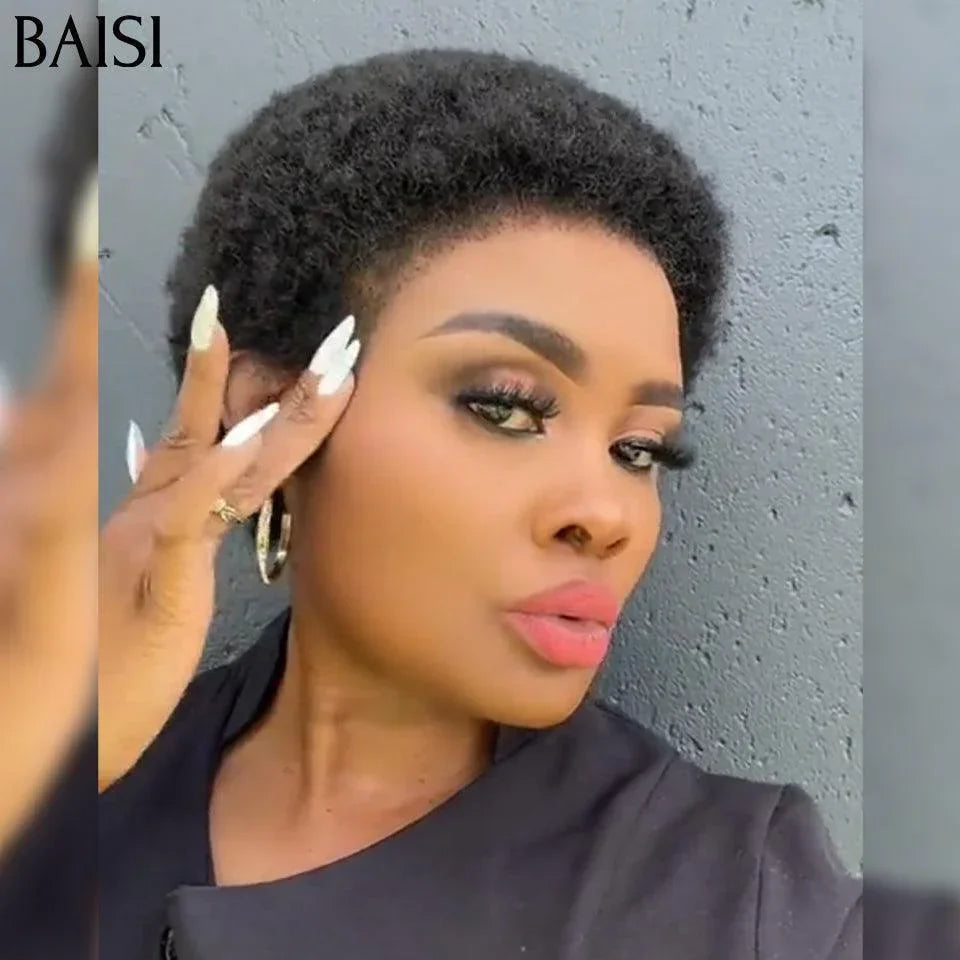 BAISI Prix Perruque Pixie Afro Curl 13x4 lace frontal bouclé partout Noir en 100% cheveux humains F-905 FR20
