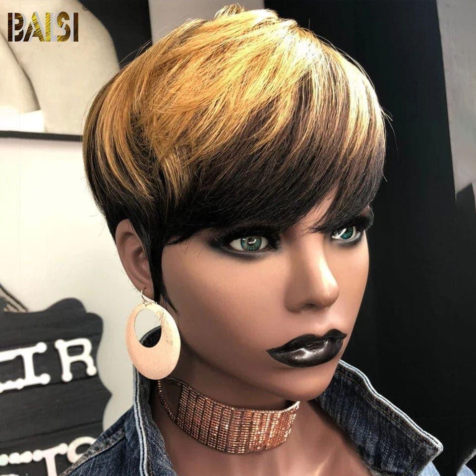 BAISI Perruque Pixie Lisse En Noir Chataîn 1B/4/27# 69.99€ ou afro curl 350# en 100% Cheveux Humains D