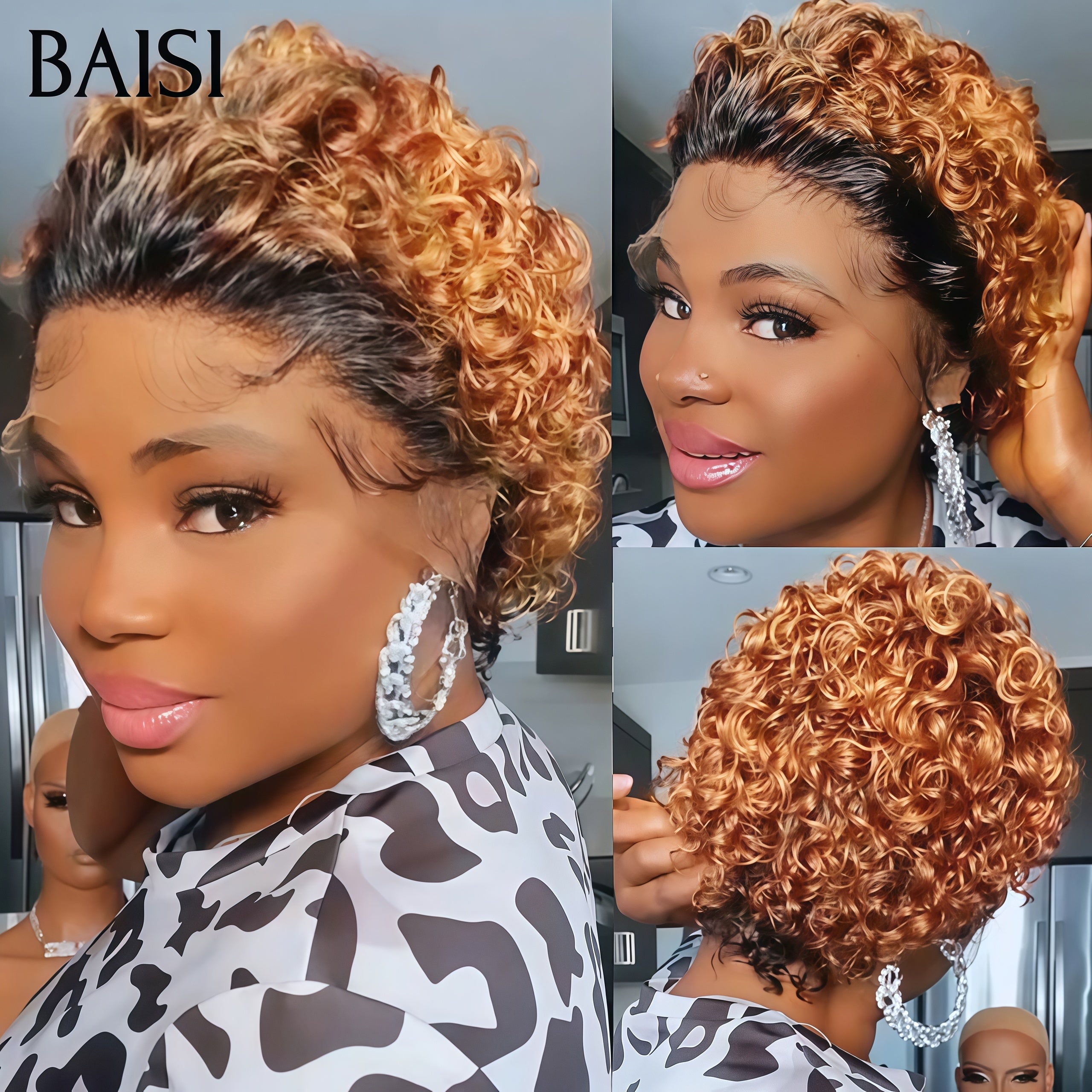 BAISI 13X4 Curly Wave Pixie Perücke in schwarzer Farbe 85 € in 100 % Echthaar