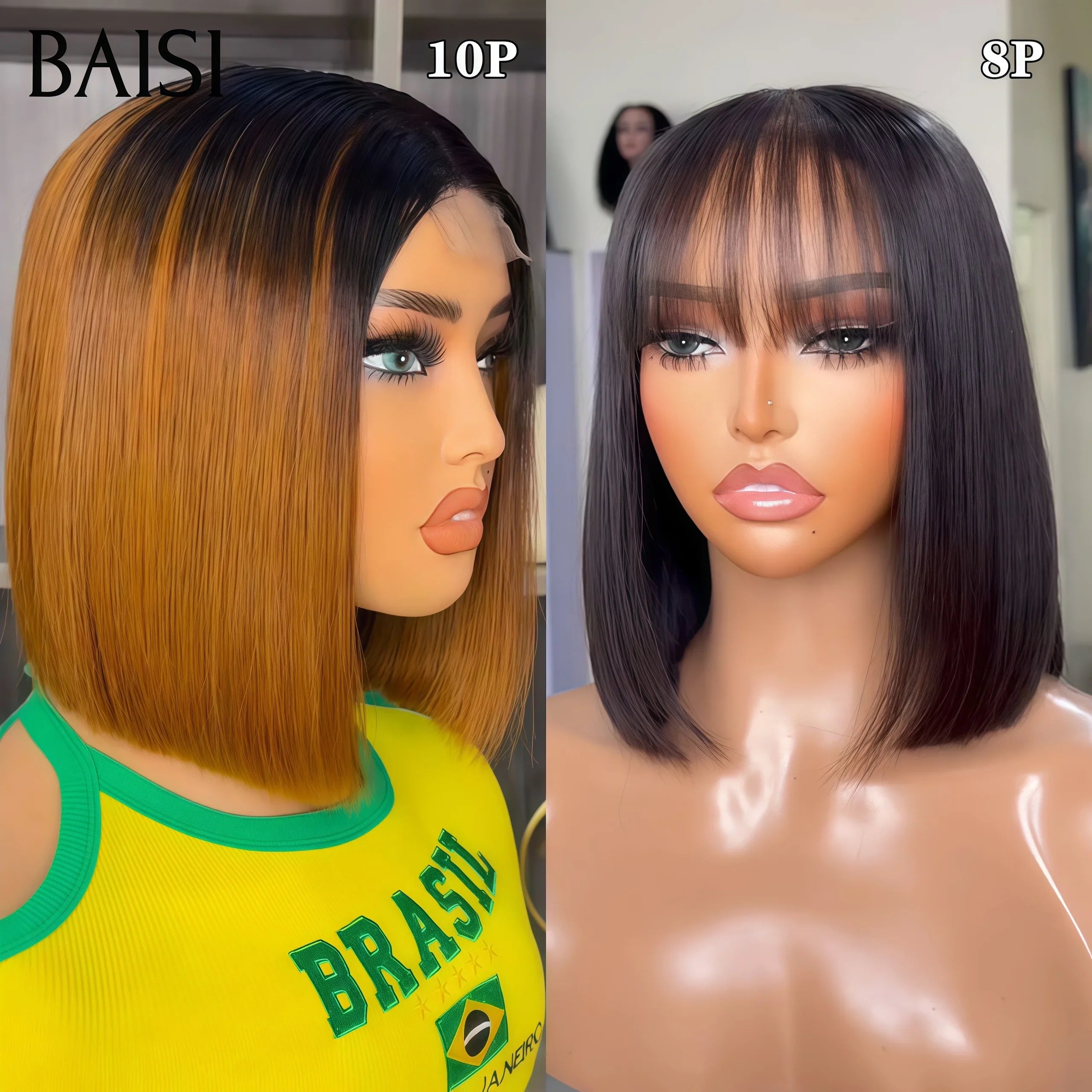 BAISI 2 perruques Vietnam raw Hair Flash Offer 135€ Vente en gros de luxe 2X6 lace 10 Pouces en couleur miel et lisse bob avec frange NOIR DE luxe en 100% vrais cheveux humains FR38