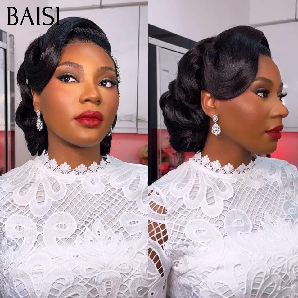 BAISI Coiffure de luxe Zoéline Perruques Mariage noir Prête à porter chignon et personalisation comme sur la vidéo 100% identique avec lace frontale événement spécial BS120