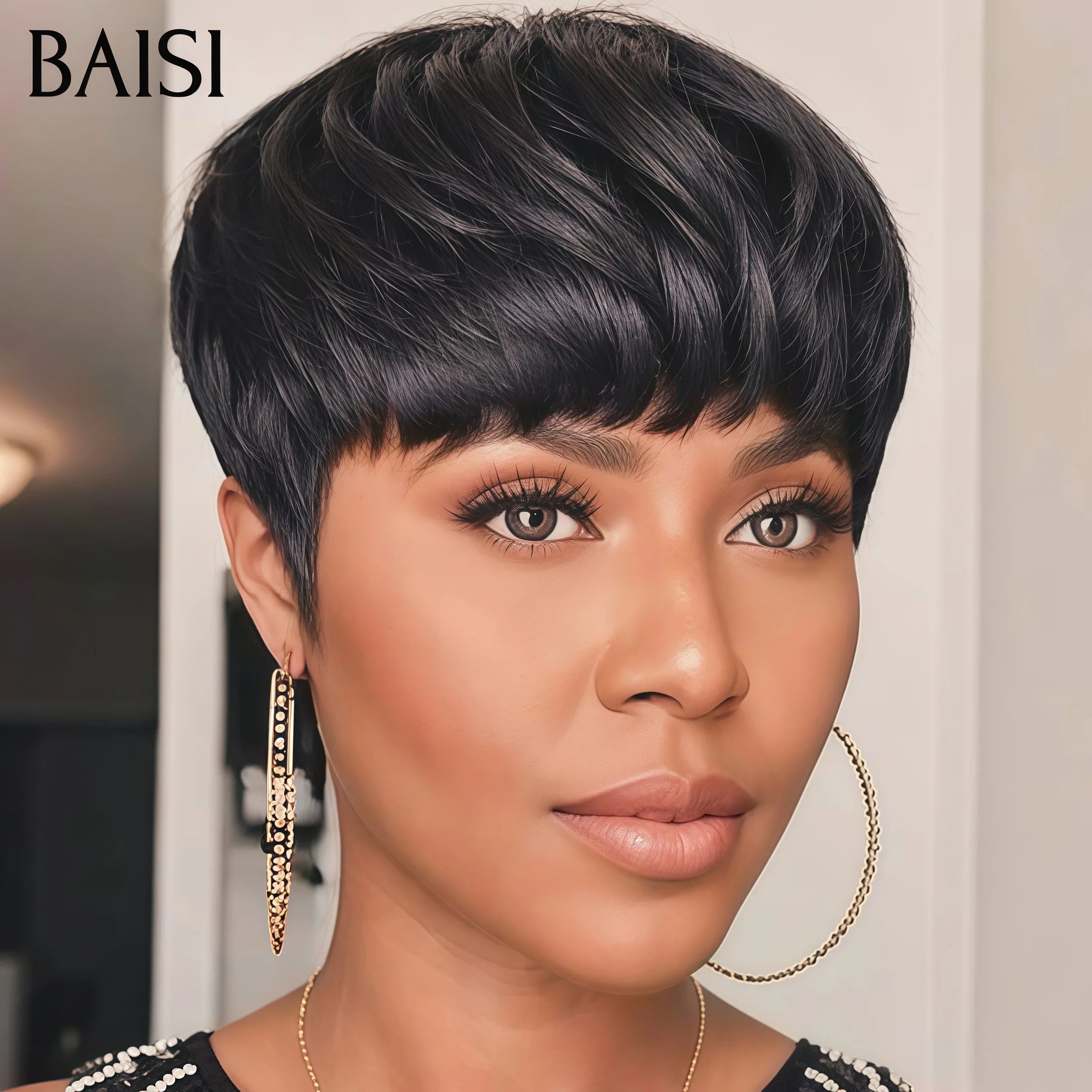 BAISI Achetez 2 perruques minimum au prix d'usine fournisseur sans lace pixie 38€ ou 13X4 Coupe Pixie Lisse En marron 100% Vrais Cheveux Humains (Pas Besoins De Code)