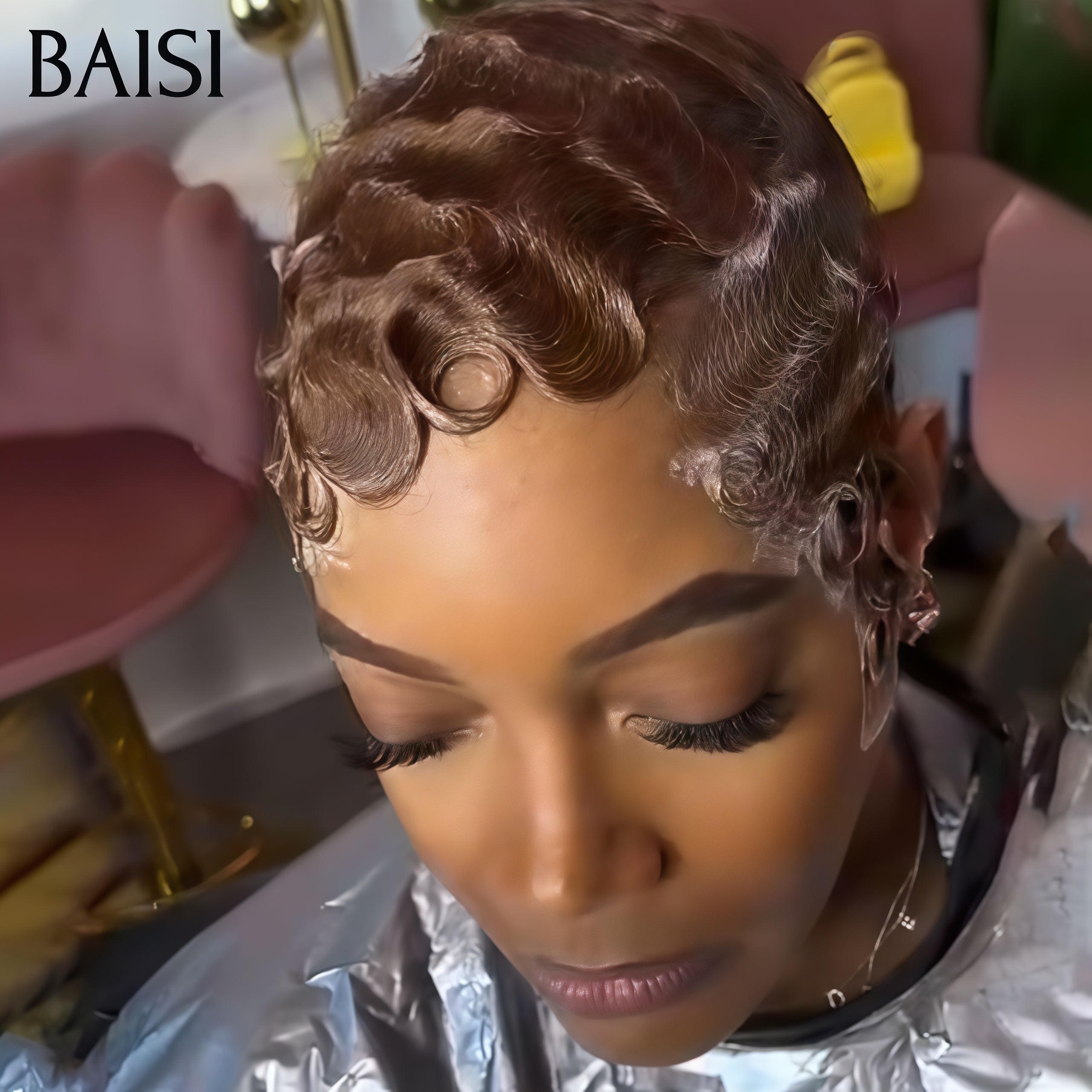 BAISI 13X4 Short Pixie Finger Wave Wig in Pink Color €88 In 100% Human Hair BS50