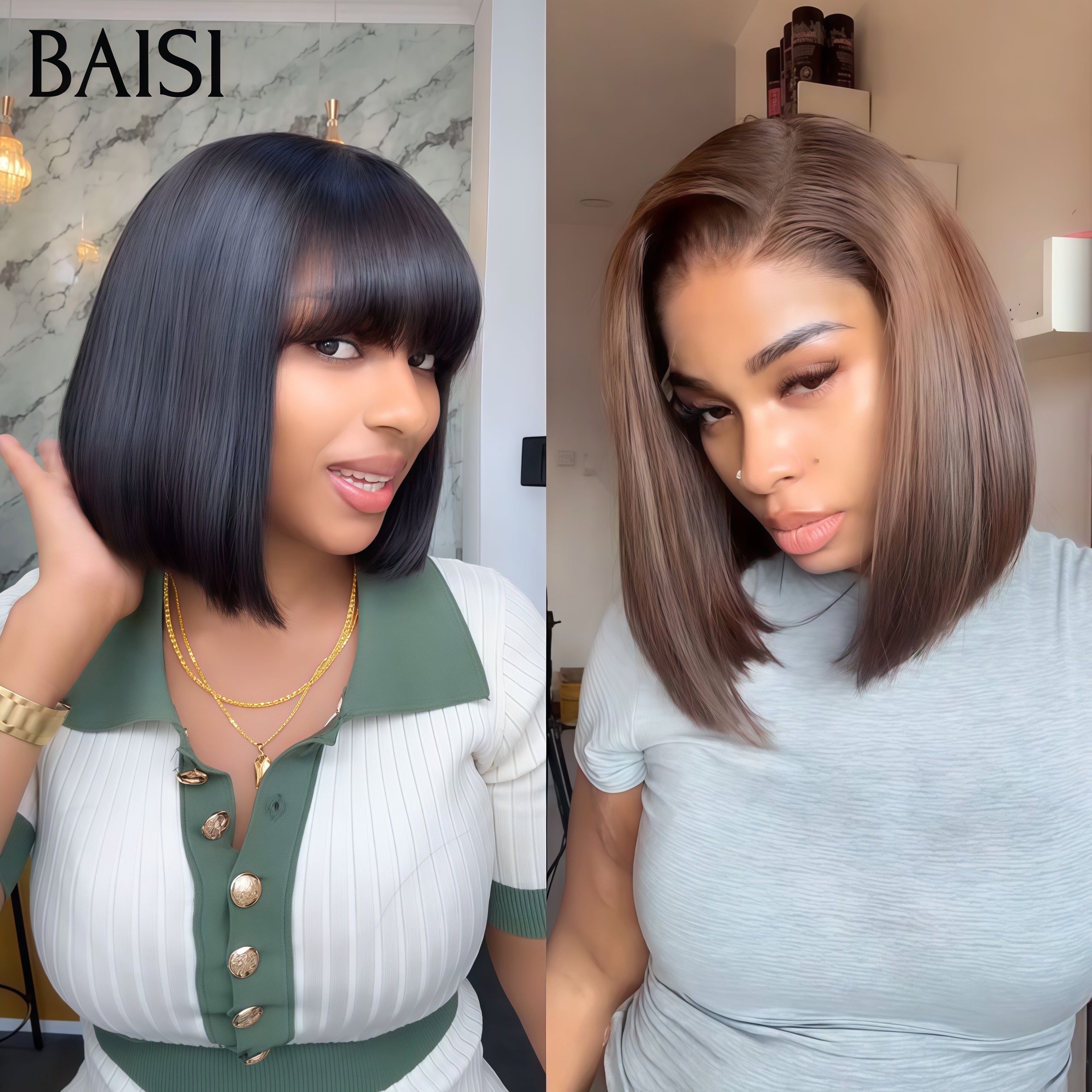 BAISI Lot de 2 perruques Flash Offer PROMOTION 110€ Lisse Marron et cu 2x4 Lisse Bob avec Frange 8 Pouces 100% vrais cheveux humains