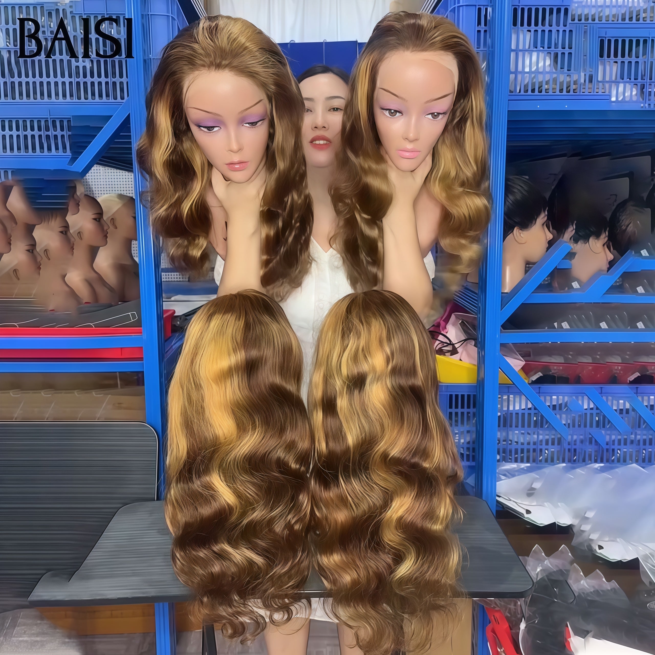 BAISI 69€ Marron Wave Blended Hair ou 13x4 Lace Frontale Perruque Body wave Marron Mixte Miel curly wave 20 Pouces 100€ Moitié Prix 100% Cheveux Humains soldes sans retour