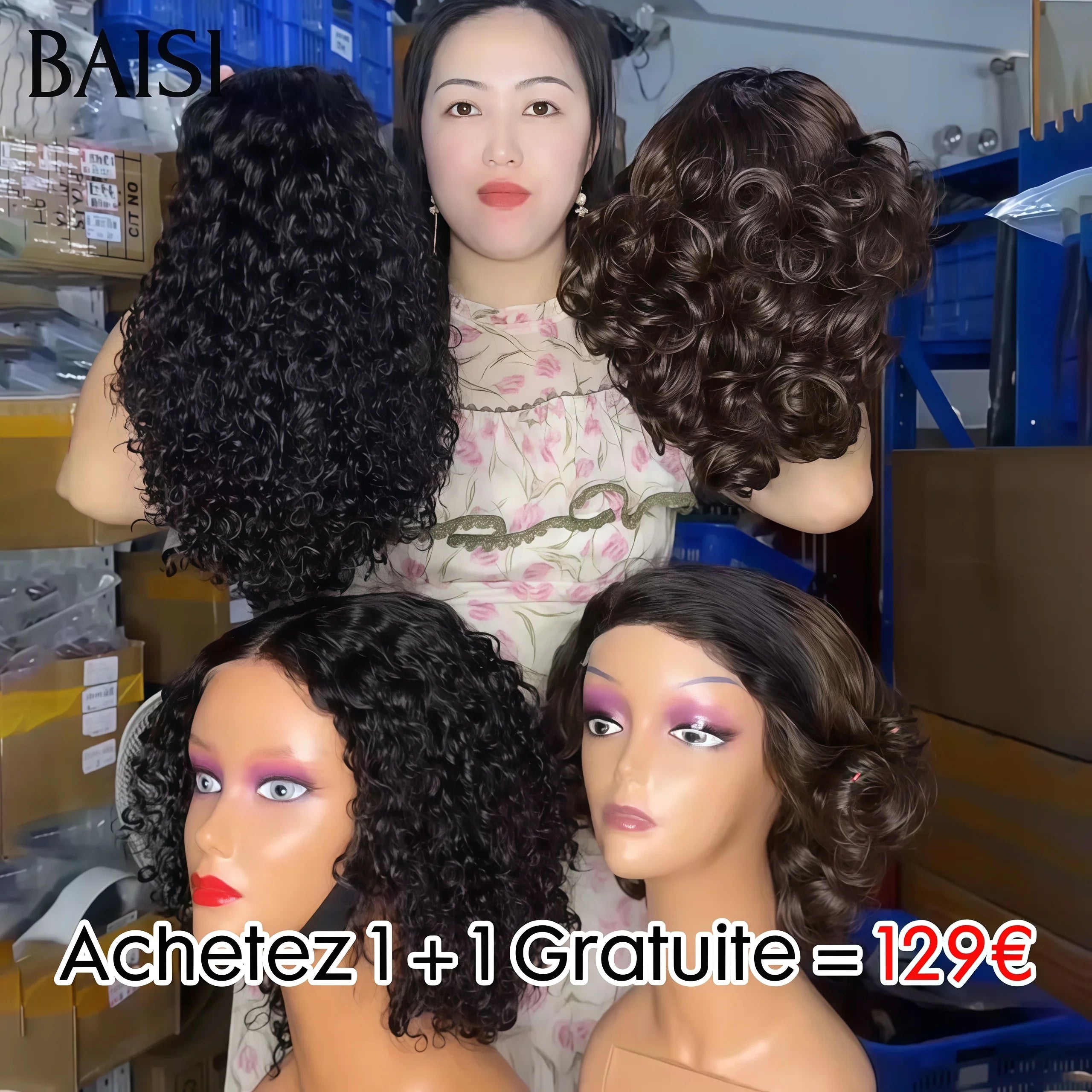 BAISI Achetez 1 + 1 Gratuite = 129€ 4X4 lace curly wave 10 pouces et 5x5 lace egg wave 10 pouces ou1 Acheté + 1 Gratuite = 158€ 13X4 lace pixie 99J# et bob blonde 4T613# en 100% vrais cheveux humains (pas besoin de code)