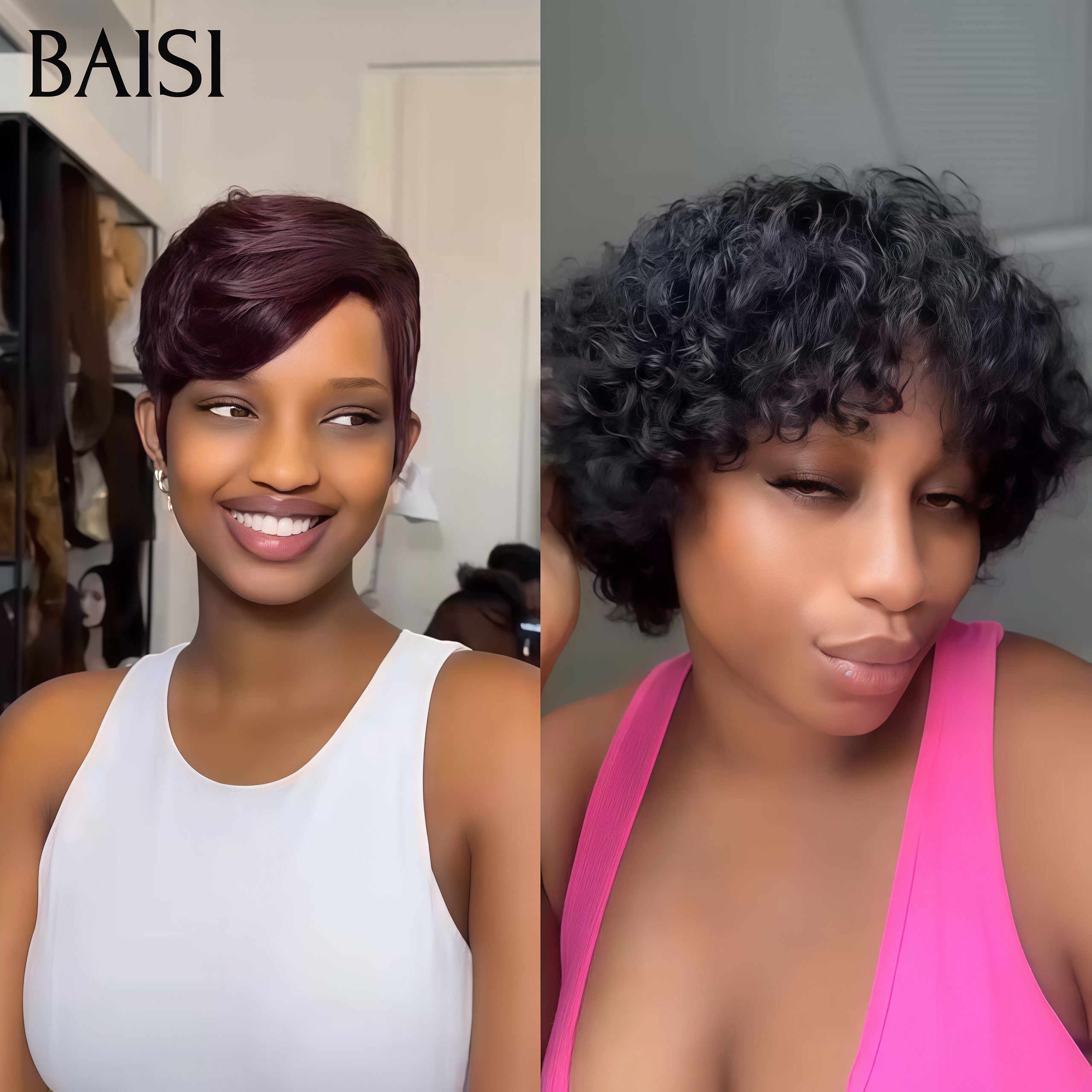 BAISI 2 perruques pixie Offre spéciale 80€ 13X4 lace frontal pixie Bordeaux et sans Colle curly wave en 100% vrais cheveux humains