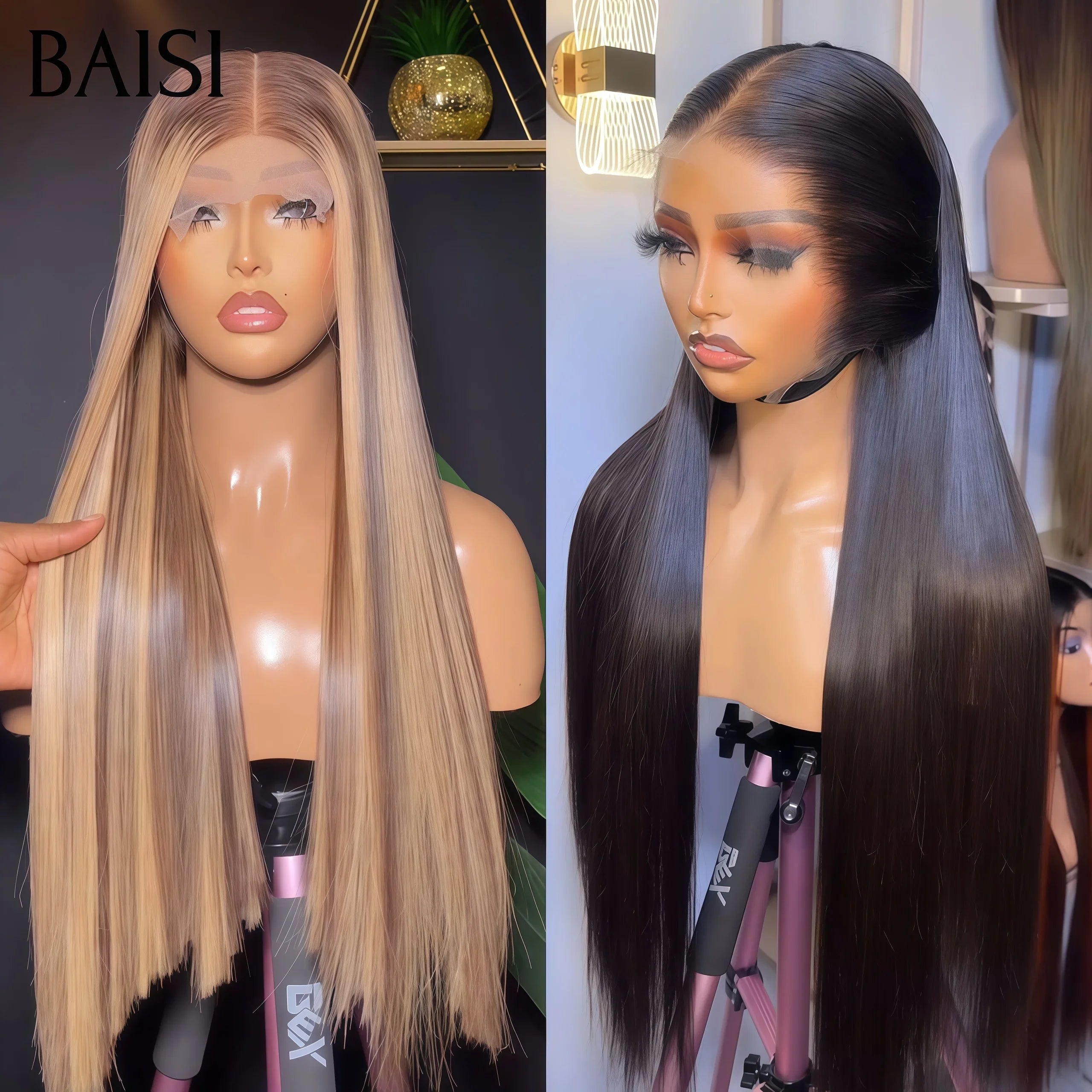 BAISI Achetez 1 + 1 Gratuite = 209€ 13X4 lace frontal 24 Pouces Lisse en couleur NOIR et Marron Mixte Miel En 100% Cheveux Humains