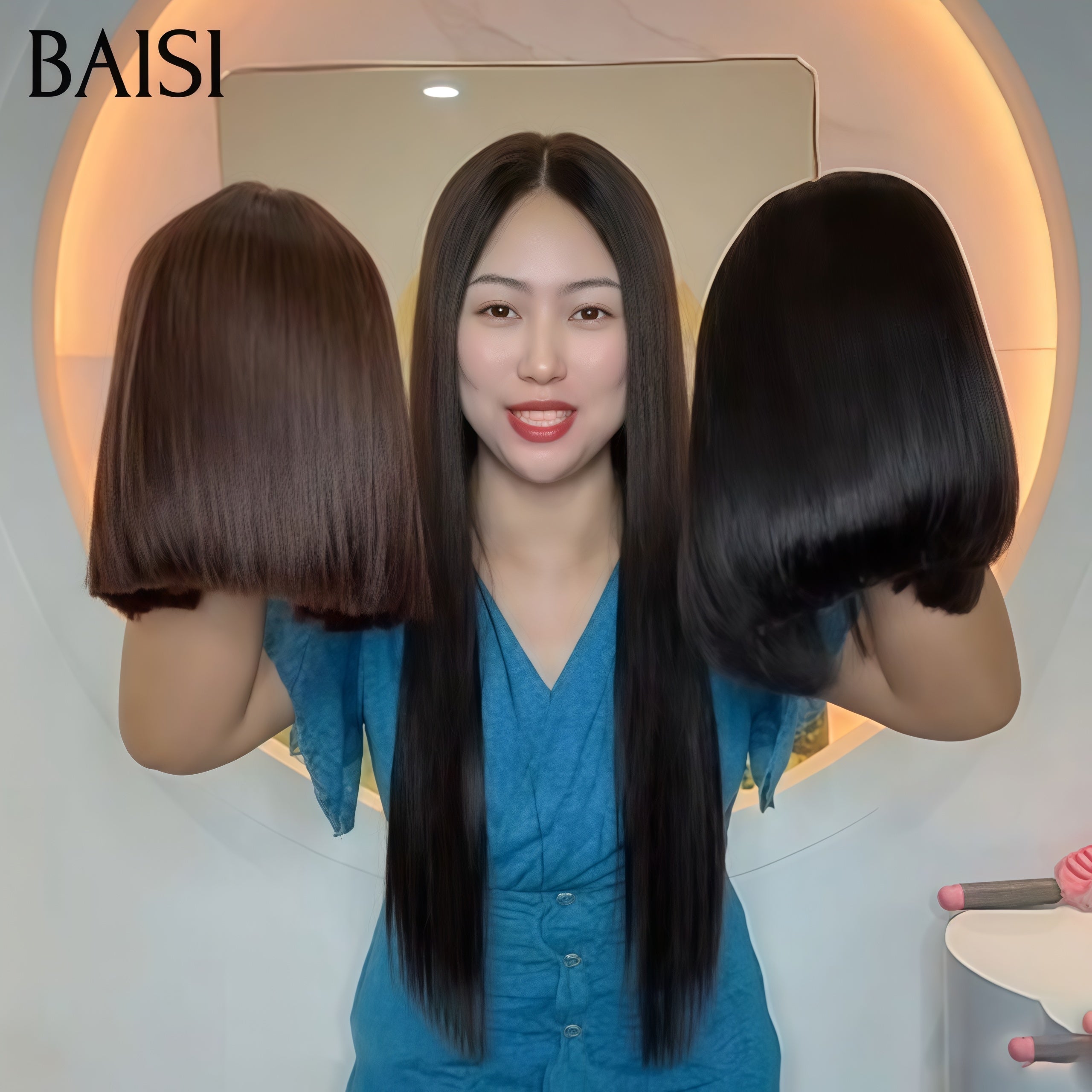BAISI 2 Perruques 100€ 2X4 lace Bob Lisse Bob avec Frange en couleur marron et NOIR 8 Pouces Moitié Prix 100% vrais cheveux humains MP50