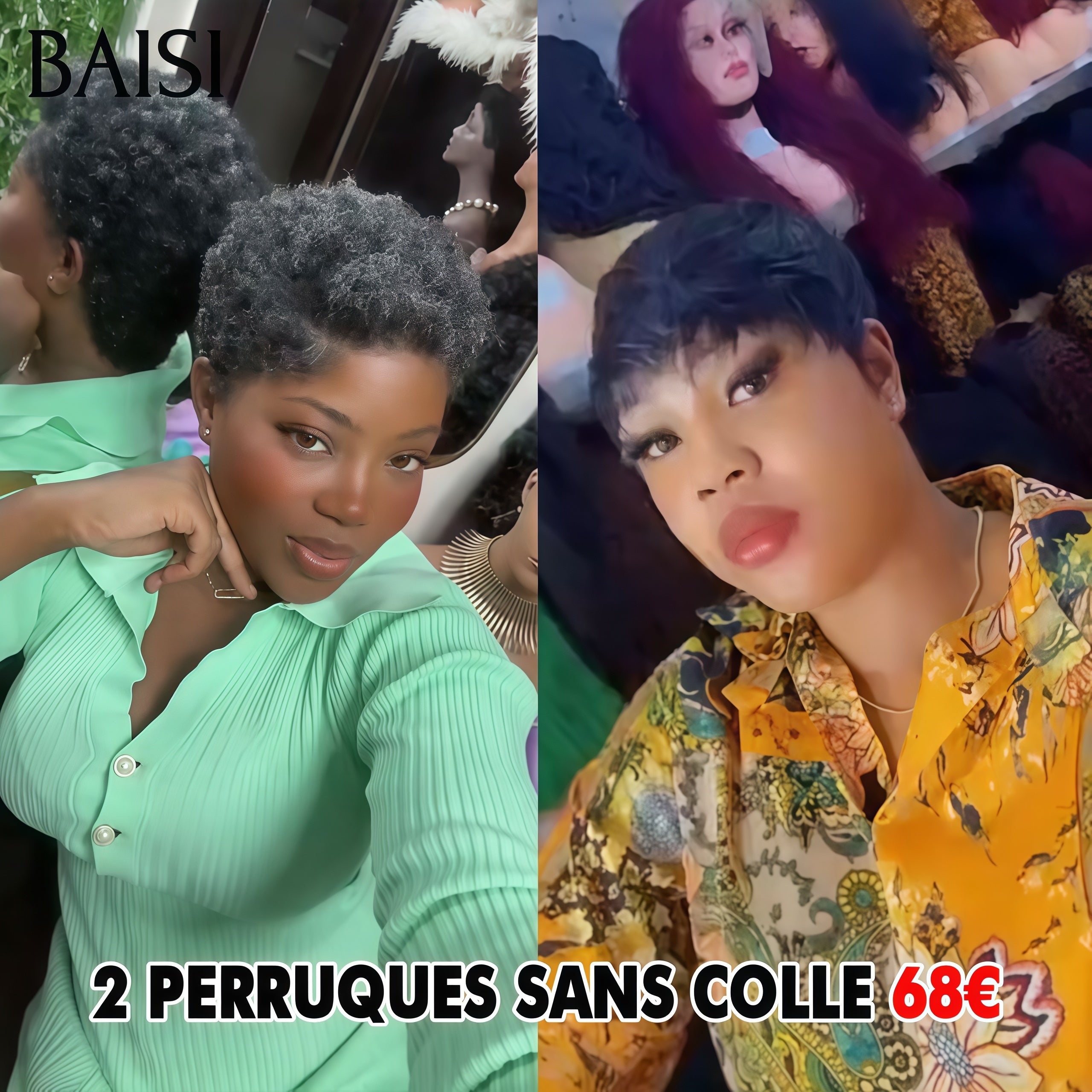 BAISI 2 Perruques 68€ Sans Colle san lace afro curly gris et Lisse NOIR Vente Conbinée 100% Cheveux Humains Fabrication à la Machine