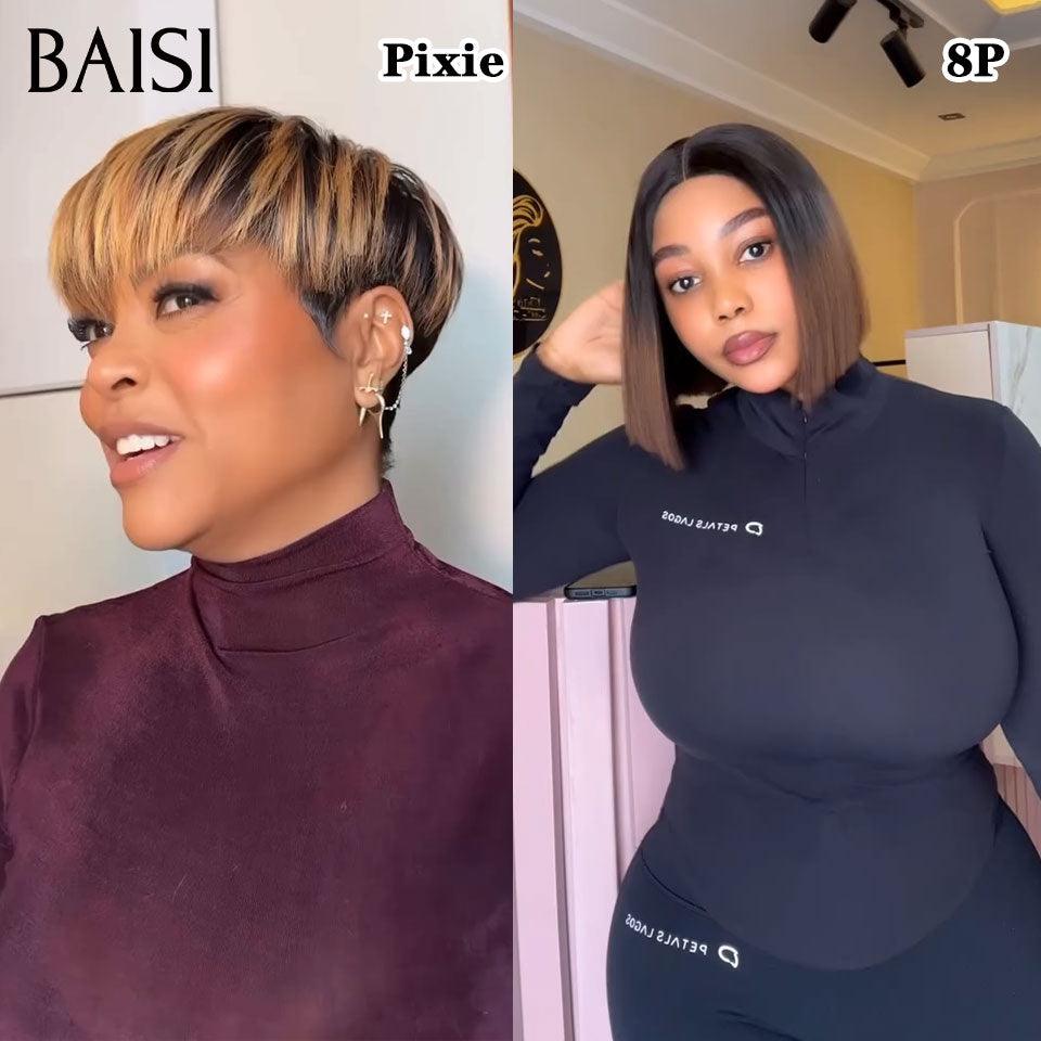 BAISI 2 Perruques pour revendre 150€ pixie mixte 6 Pouces ou 4X4 lace Lisse DE luxe 1BT4# 8 Pouces 200% densité en 100% vrais cheveux humains FR38