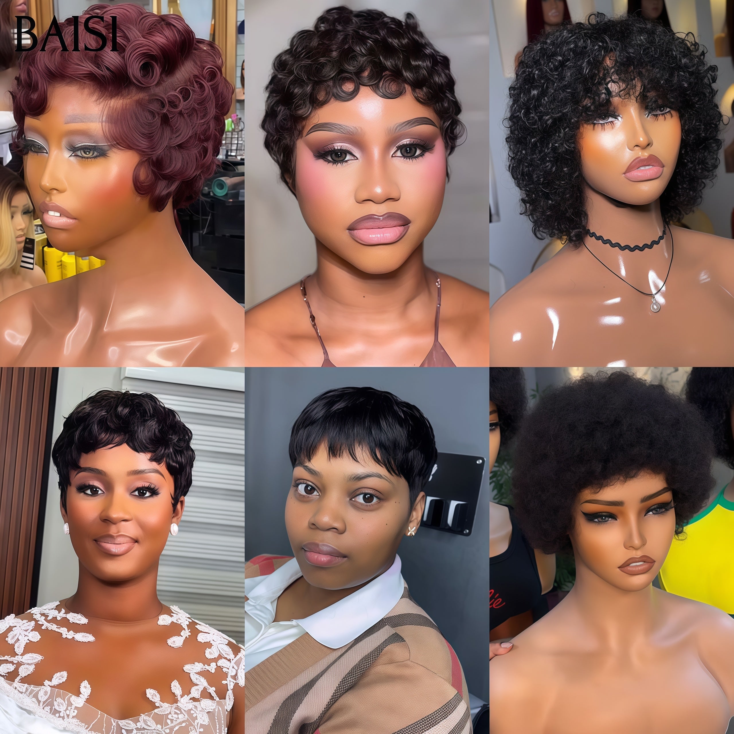 BAISI pixie 6 perruques 100€ PROMO 200% densité afro curly et lisse et finger wave sans lace sans colle en 100% Cheveux Humains fabriqué à la machine FR38