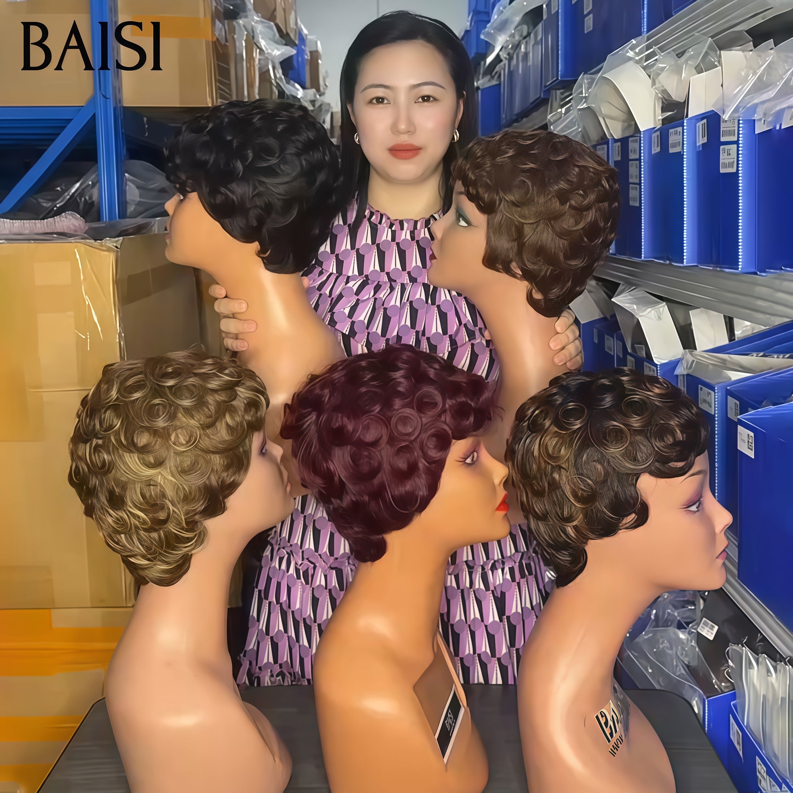 BAISI 5 Perruques Chioma pour revendre 100€ pixie finger wave Fabriqué à la Machine 5 couleurs en 100% vrais cheveux humains