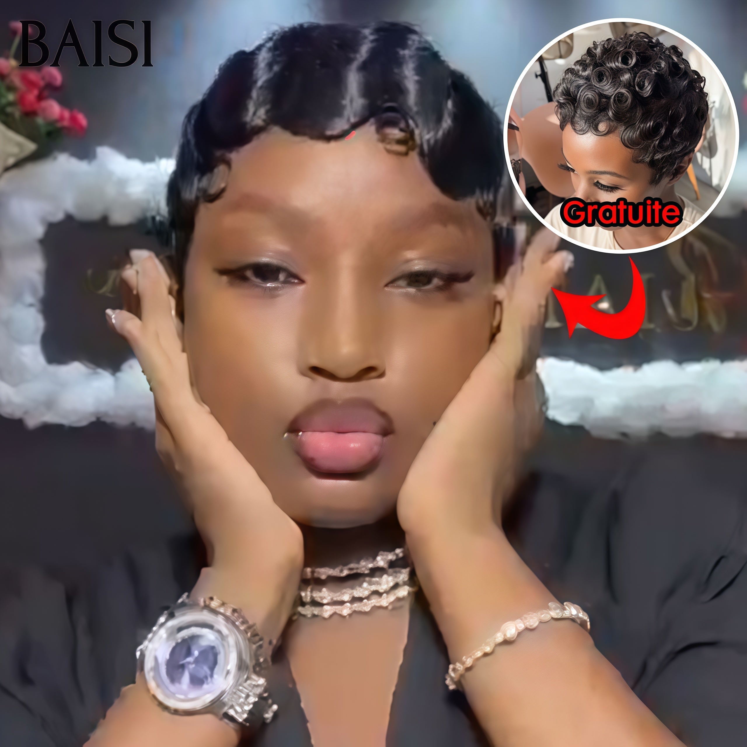 BAISI 1 Acheté + 1 Gratuite = 50€ Fabriqué à la Machine pixie water wave et finger wave ou 1 Acheté + 1 Gratuite = 338€ en 100% vrais cheveux humains (pas besoin de code)