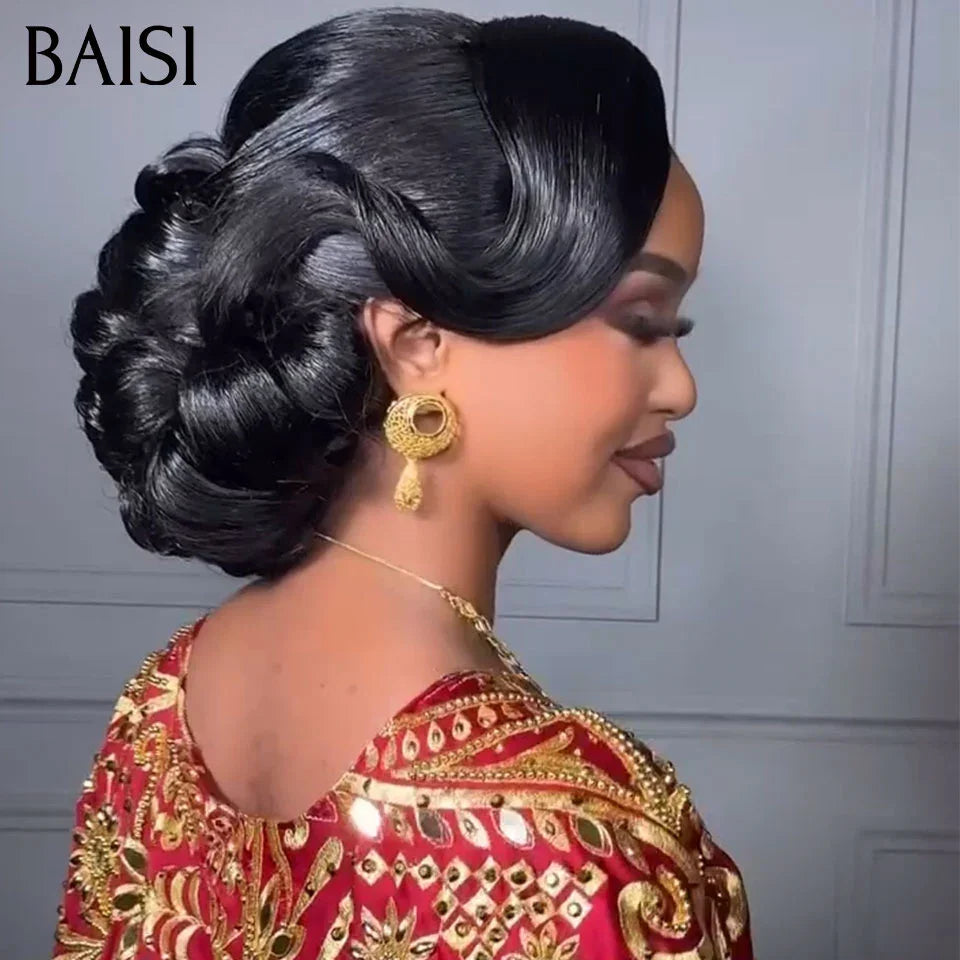 BAISI Coiffure de luxe Clara Perruques Mariage noir Prête à porter chignon et personalisation comme sur la vidéo 100% identique avec lace frontale événement spécial FR20