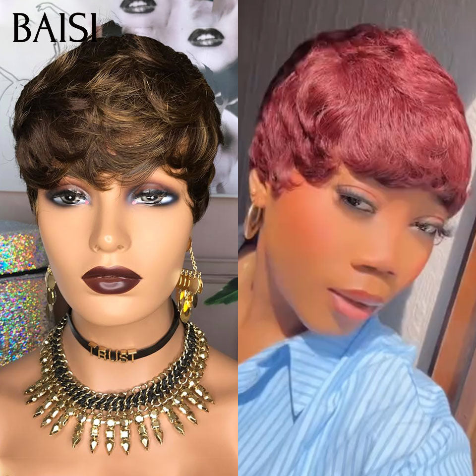 BAISI 2 Perruques Vente en gros 50€ pixie finger wave en couleur marron et Bordeaux sans Colle Fabriqué à la Machine 100% vrais cheveux humains