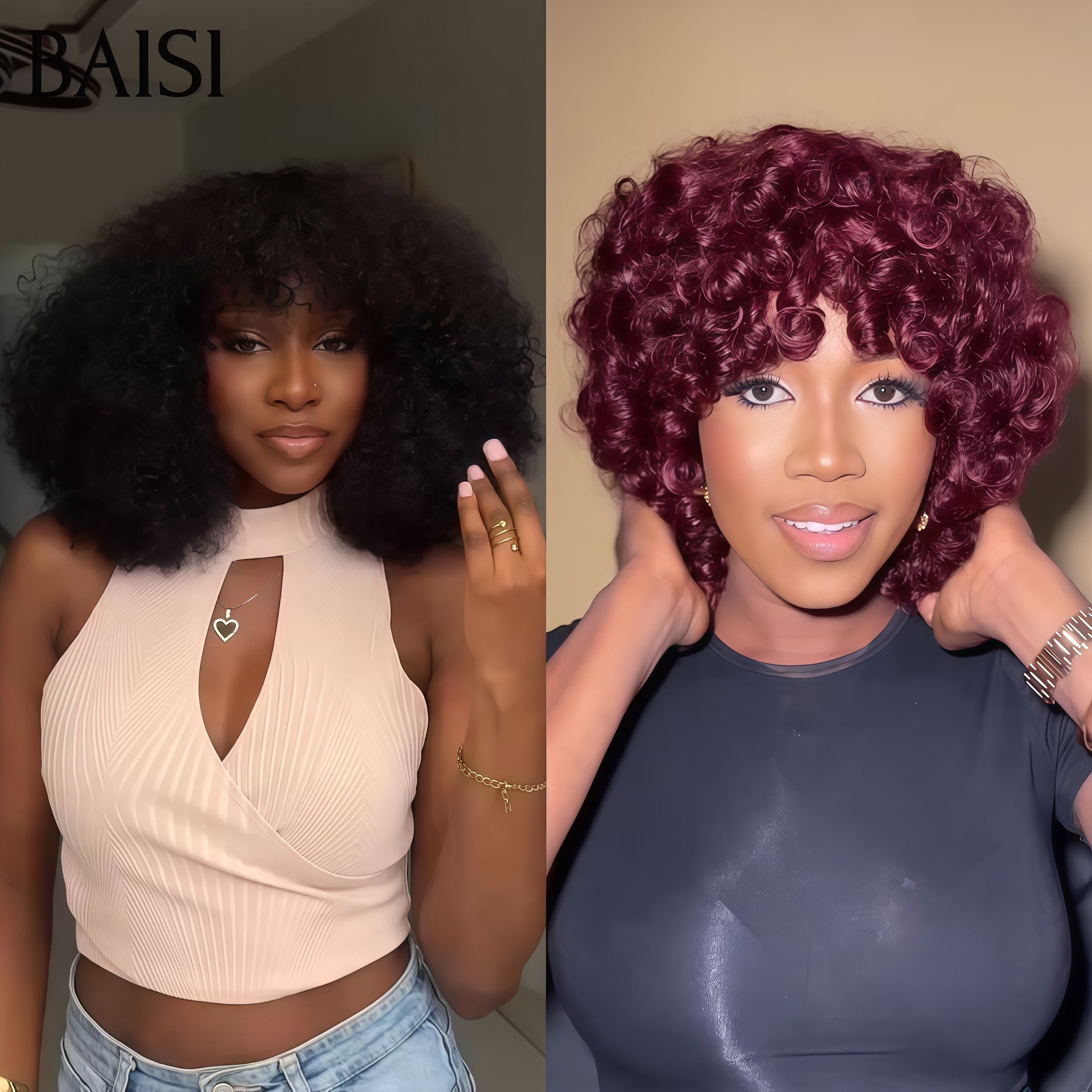 BAISI Achetez 1 + 1 Gratuite = 119€ sans colle water wave avec frange et egg wave 12 pouces à moitié prix 100% Cheveux Humains mp50