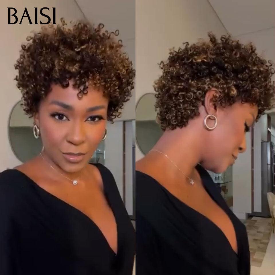 BAISI Perruque Pixie Afro curly en couleur noir mix miel 68€ sans colle sans lace 100% Cheveux Humains Fabriqué à la Machine BS60