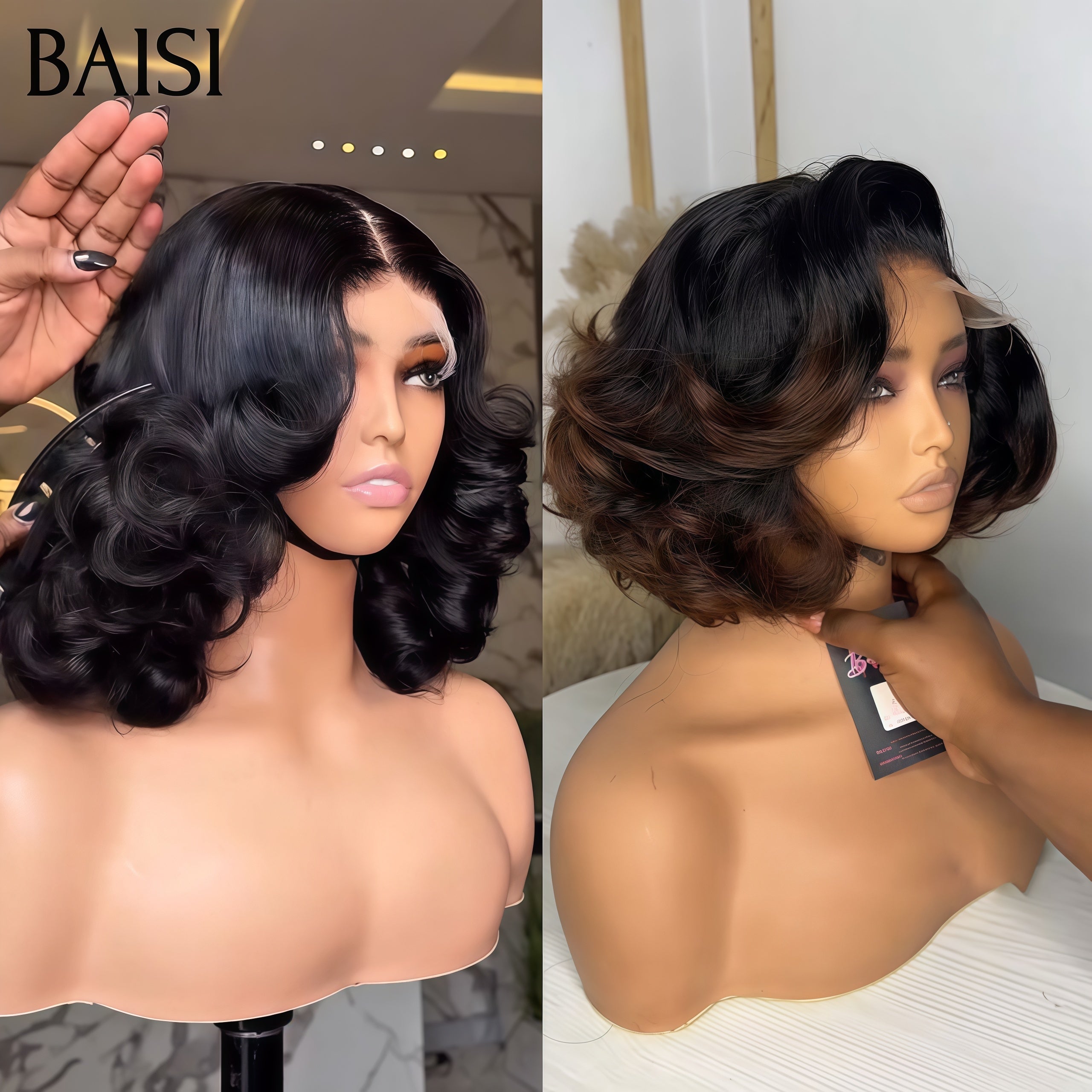 BAISI vente flash 2 Perruques 169€ 5x5 lace closure egg wave NOIR et Marron 1B4# en 100% vrais cheveux humains FR38