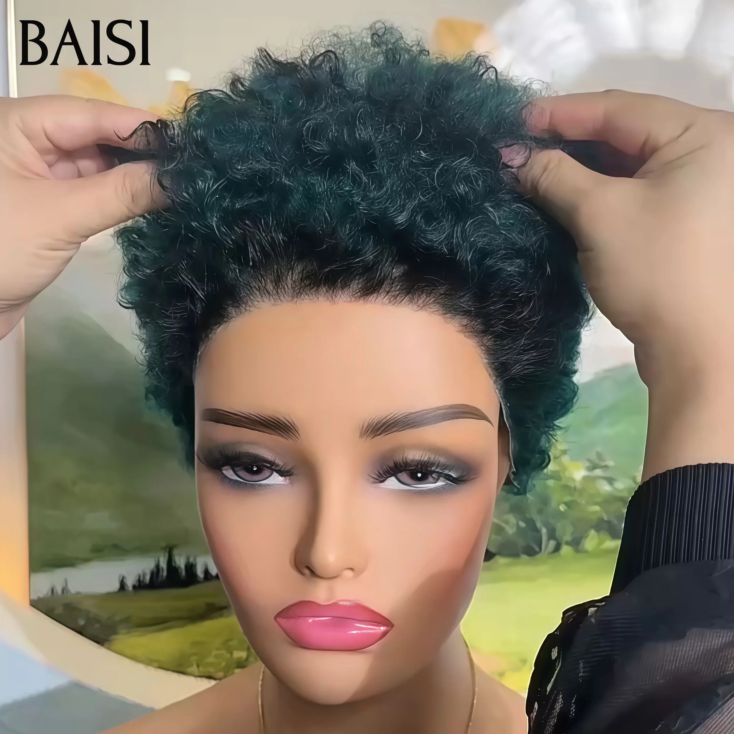 BAISI Collection Perruques Pixie Afro Curly Avec Frontale 98€ en couleur vert en 100% Cheveux Humains