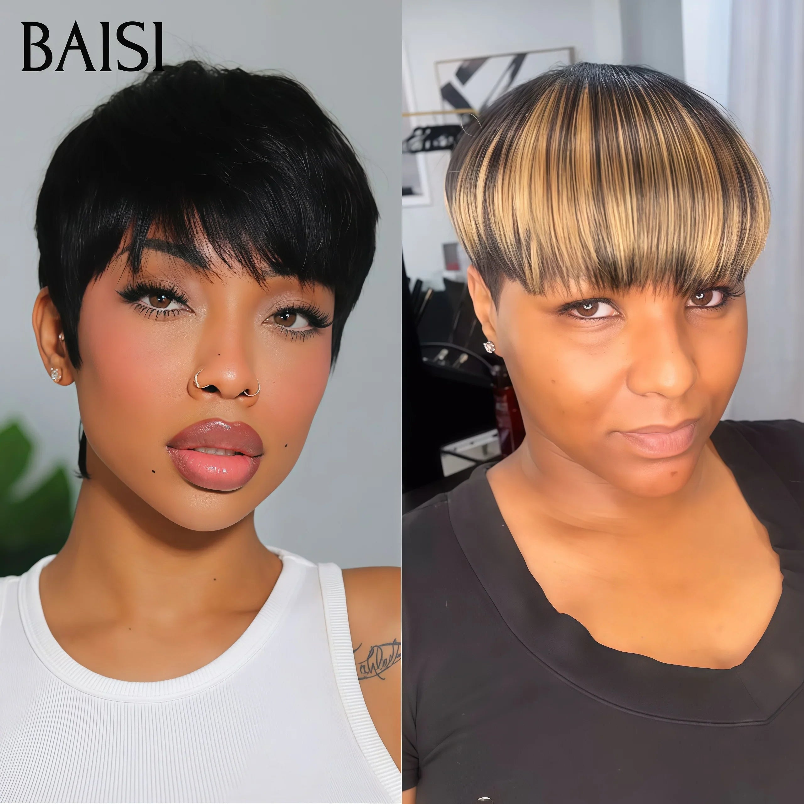 BAISI 2 perruques Flash Offer 65€ Vente en gros pixie lisse Fabriqué à la Machine 2 couleurs en 100% vrais cheveux humains BS30