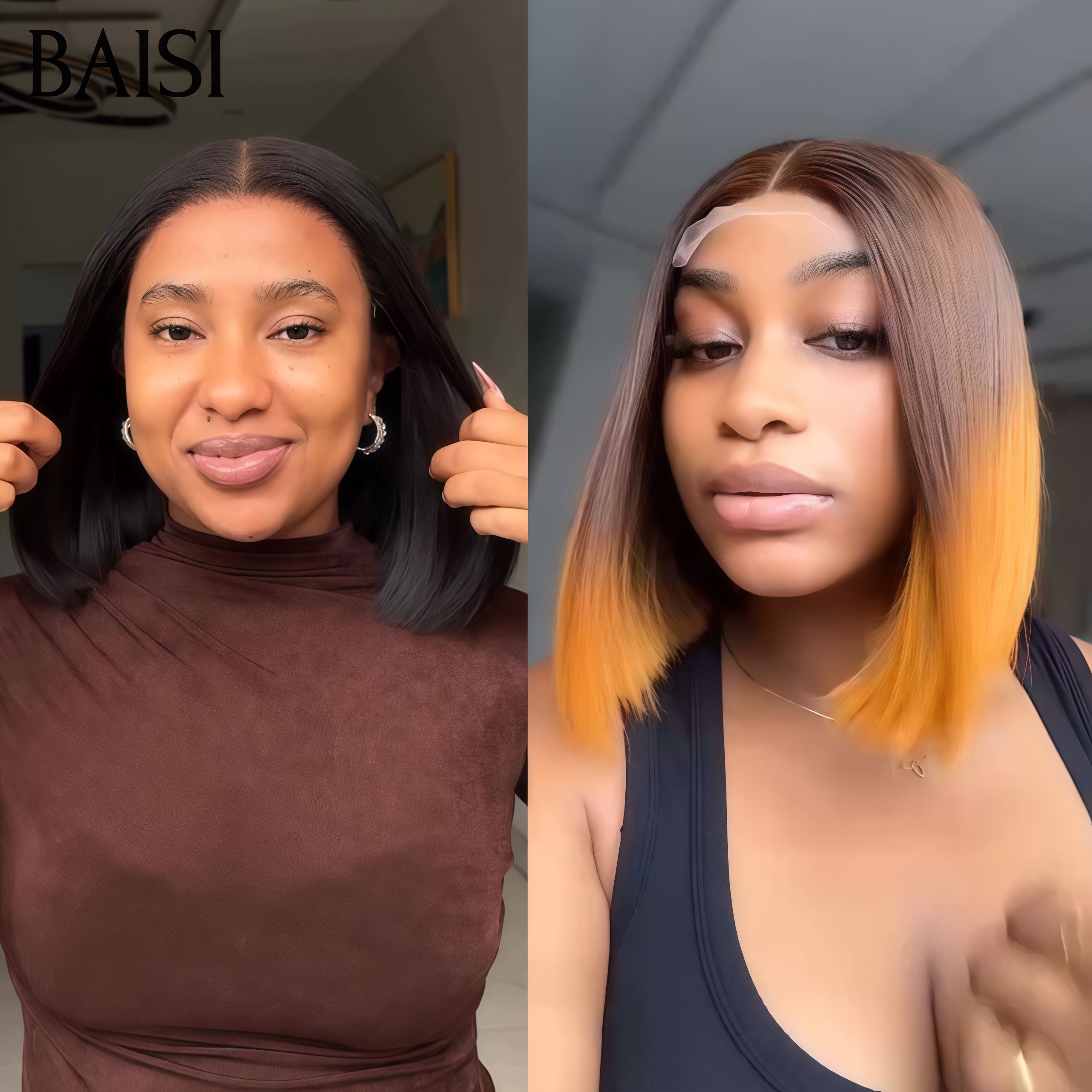 BAISI 2 Perruques 1 Noir +1 Couleur = 109€ 4X4 laceclosure 8 Pouces NOIR et 13X4 lace frontal 4T27# en 100% vrais cheveux humains