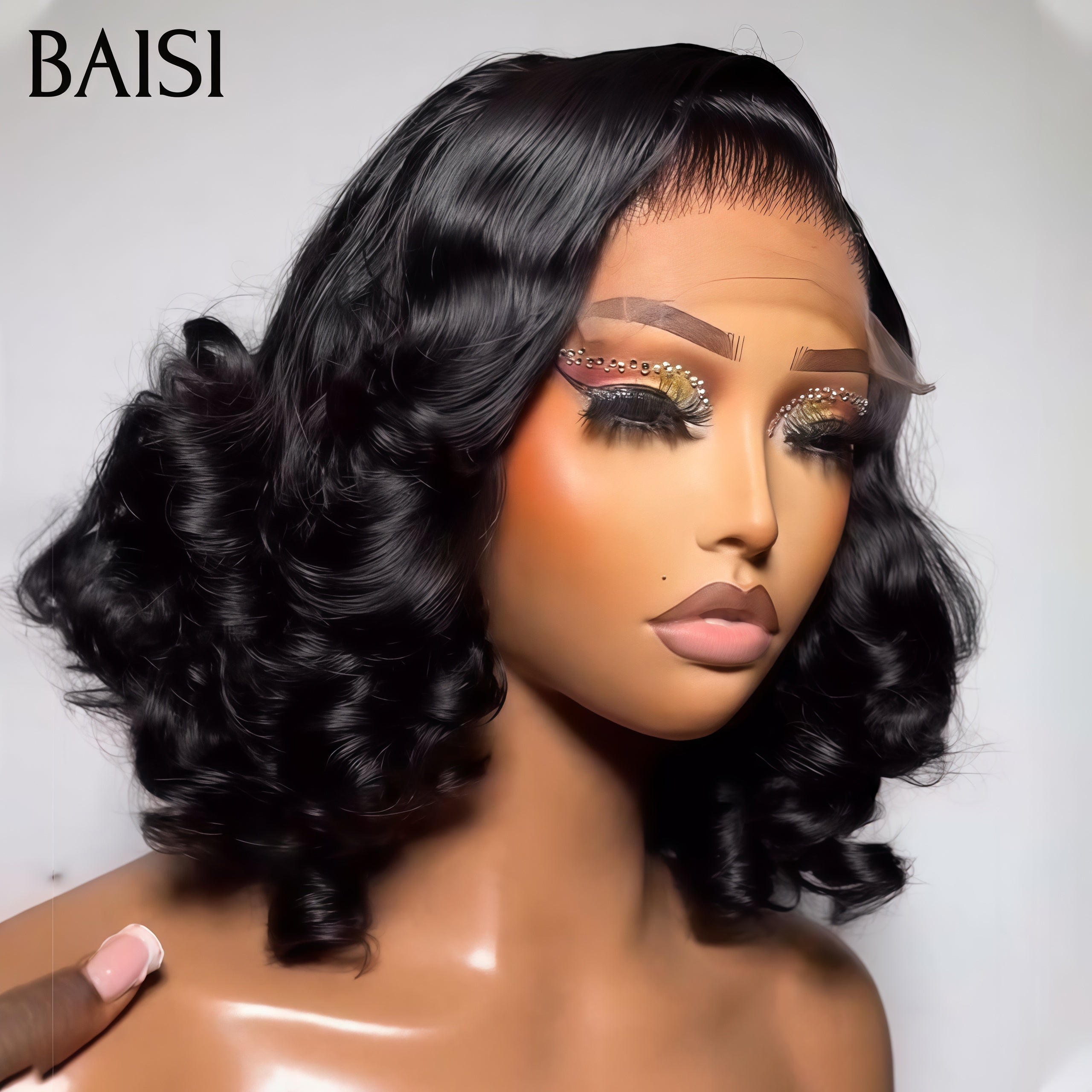 BAISI 13X4 lace frontal Perruque Bouclée Egg Wave 12 Pouces 100€ Moitié Prix NOIR En 100% Cheveux Humains