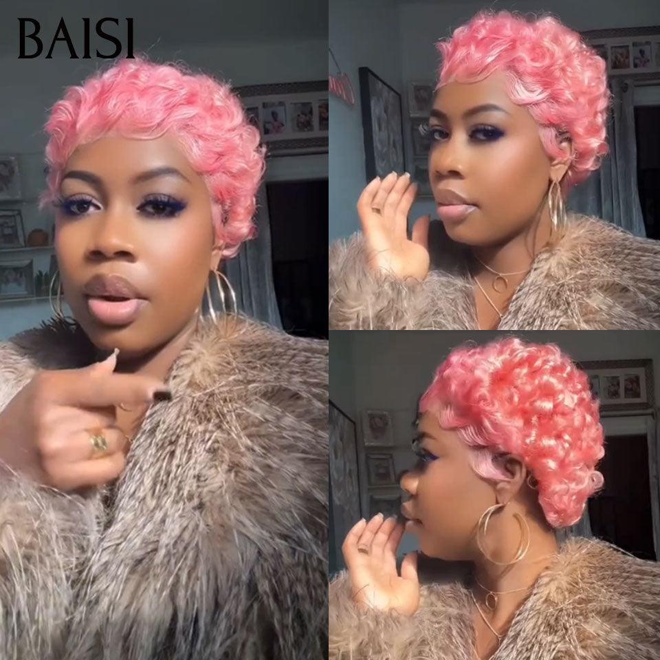 BAISI sans Colle pixie Lisse NOIR Mixte Miel ou 13X4 lace Perruque Pixie petite coupe en Couleur rose 90€ En 100% Cheveux Humains