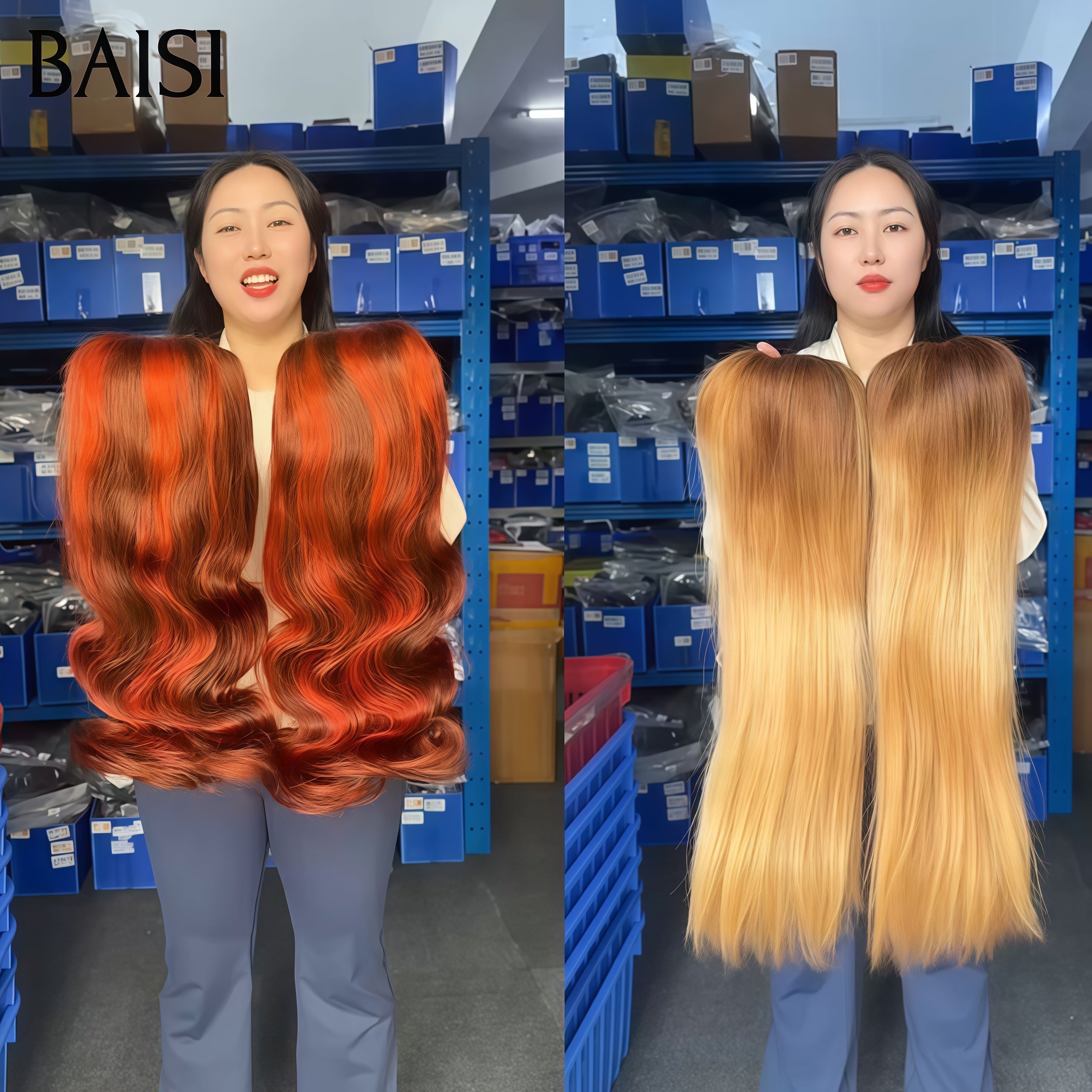 BAISI PROMO Le plus BAS PRIX 2 perruques 160€ lace frontal 13x4 Perruque Lisse 18 Pouces en couleur Mixte Miel et Body wave Marron Mixte orange en 100% Cheveux Humains