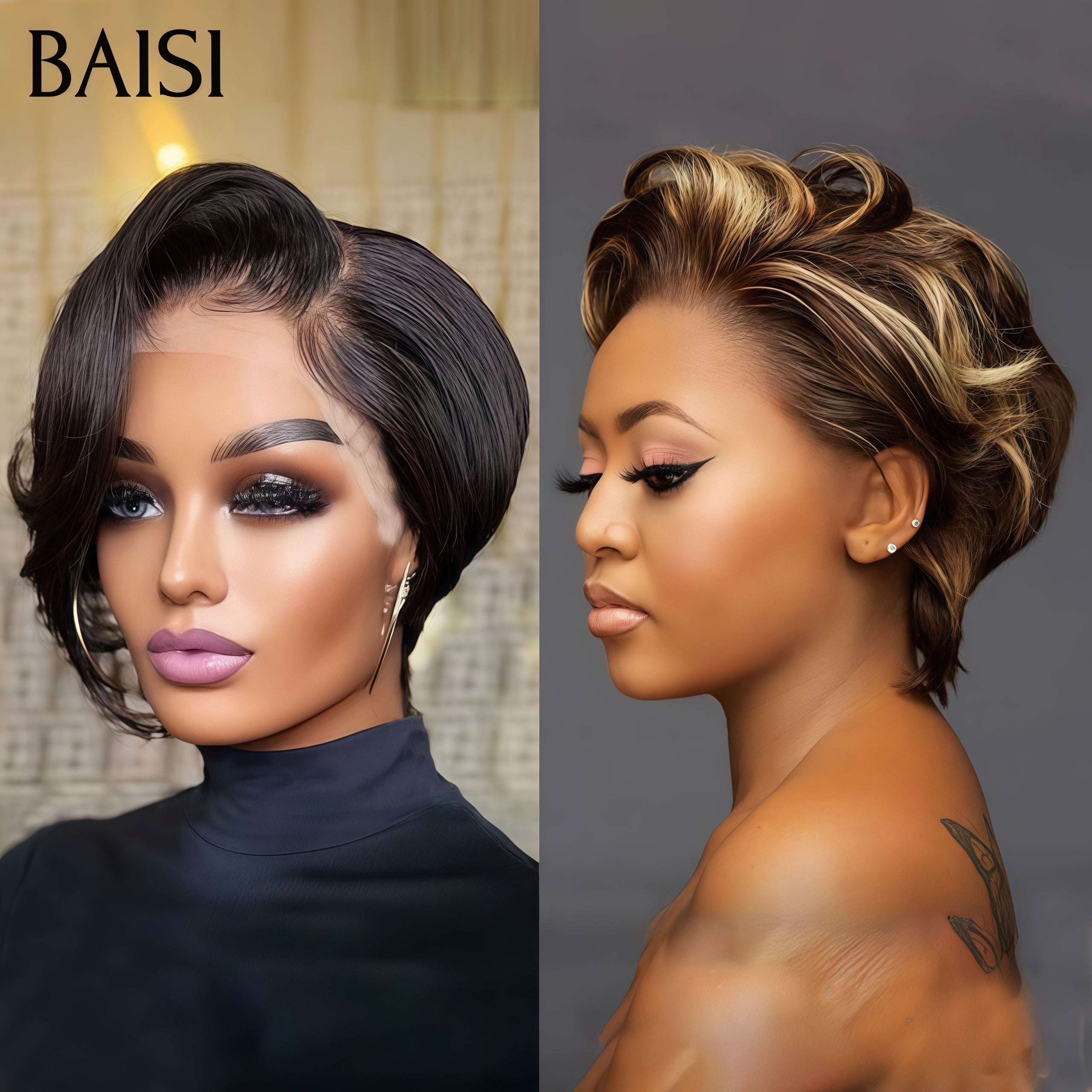 BAISI 2 Piéces 100€ pixie 13x4 Lace Frontale Perruque lisse petite coupe Facile à porter NOIR et Mixte Miel En 100% Cheveux Humains