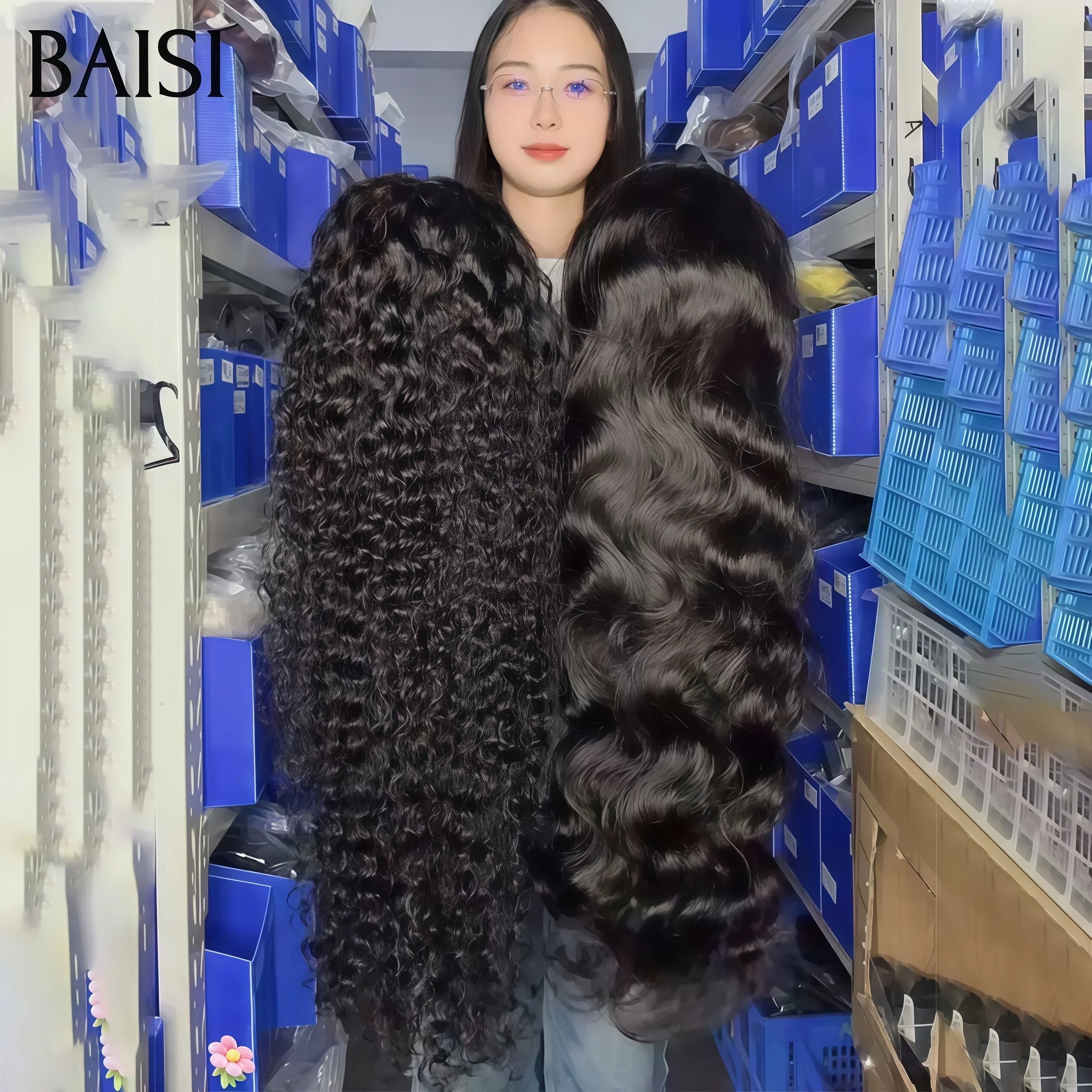 BAISI 2 perruques 269€ Vente en gros 13X4 lace frontal 26 pouces couleur NOIR body wave et curly wave 100% vrais cheveux humains