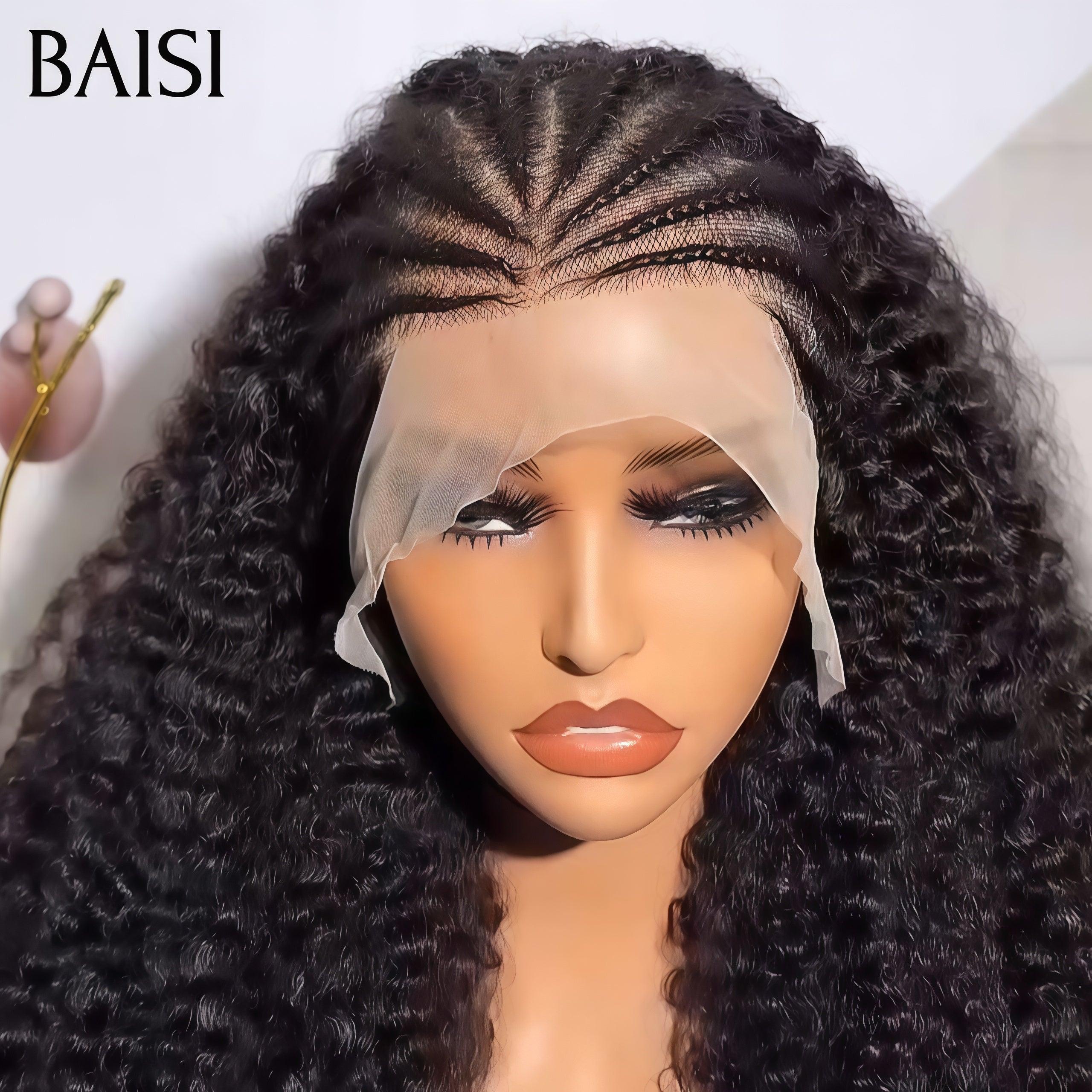 BAISI 13X4 lace perruque curly Petite natte frisé frontale lace identique à la photo en Couleur NOIR 100% cheveux humains BS65