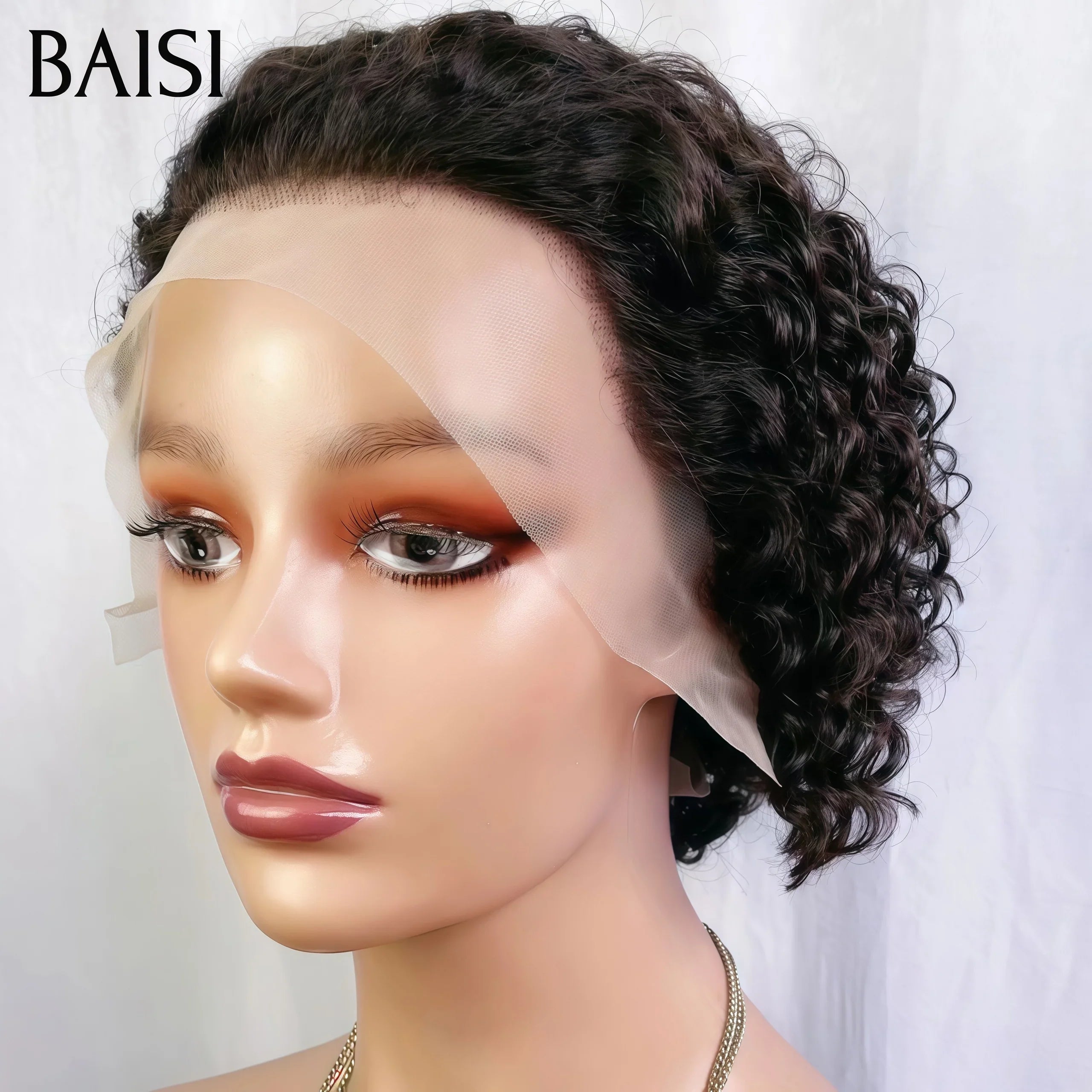 BAISI 13X4 Curly Wave Pixie Perücke in schwarzer Farbe 85 € in 100 % Echthaar