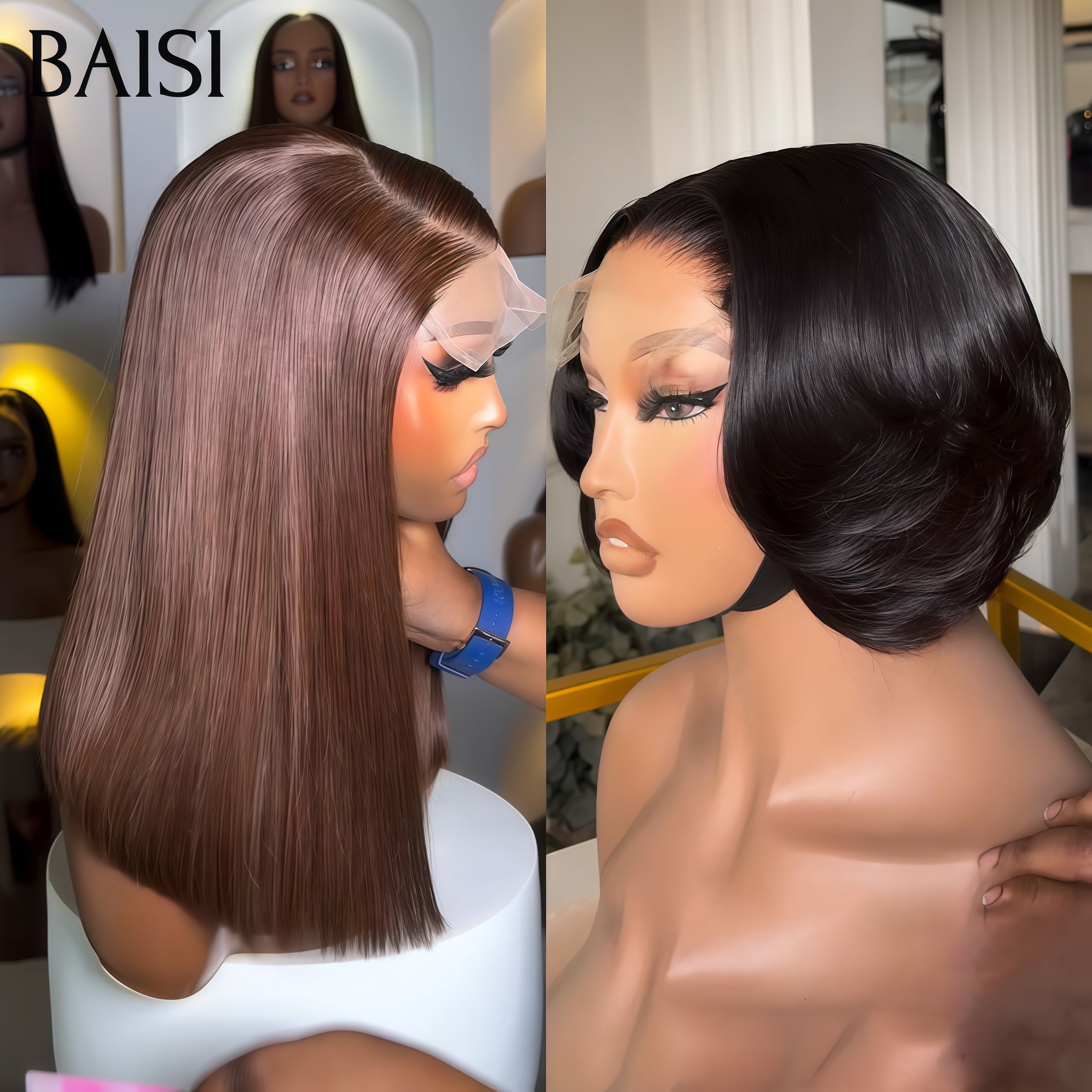 BAISI 2 Perruques 139€ 4X4 lace closure 10 Pouces Lisse Marron et 13X4 lace frontal pixie en 100% vrais cheveux humains
