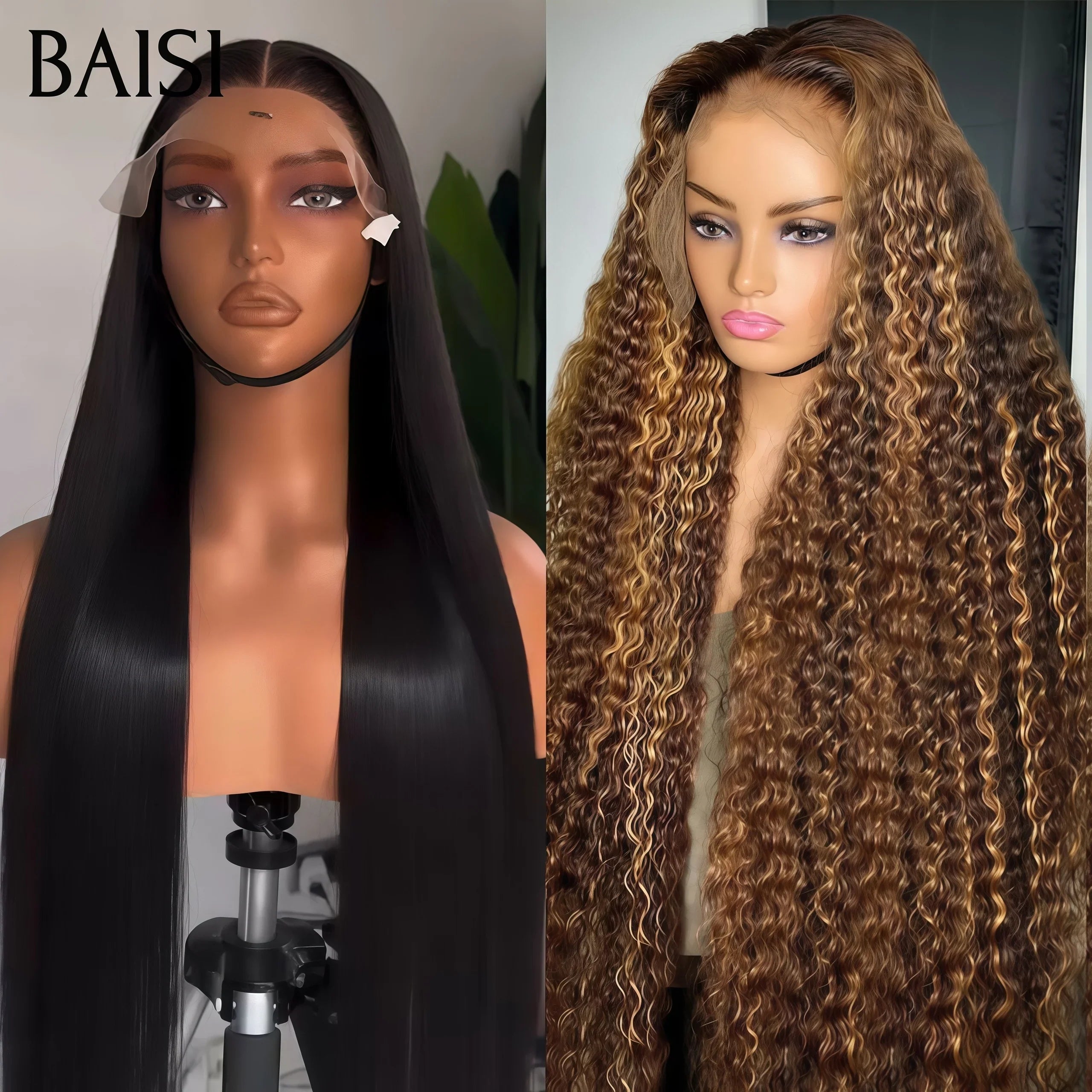 BAISI Achetez 1 + 1 Gratuite = 249€ 13X4 lace frontal curly 26 Pouces en couleur Mixte et Lisse NOIR Perruque en 100% vrais cheveux humains