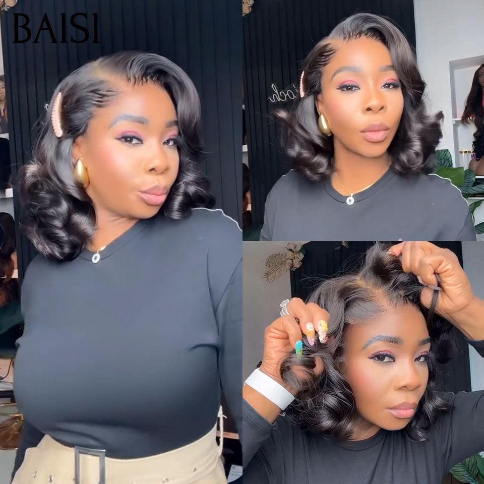 BAISI 2 Perruques pour revendre 188€ 4X4 bob water wave 14 pouces et egg wave 10 Poucesen couleur NOIR en 100% vrais cheveux humains BS60