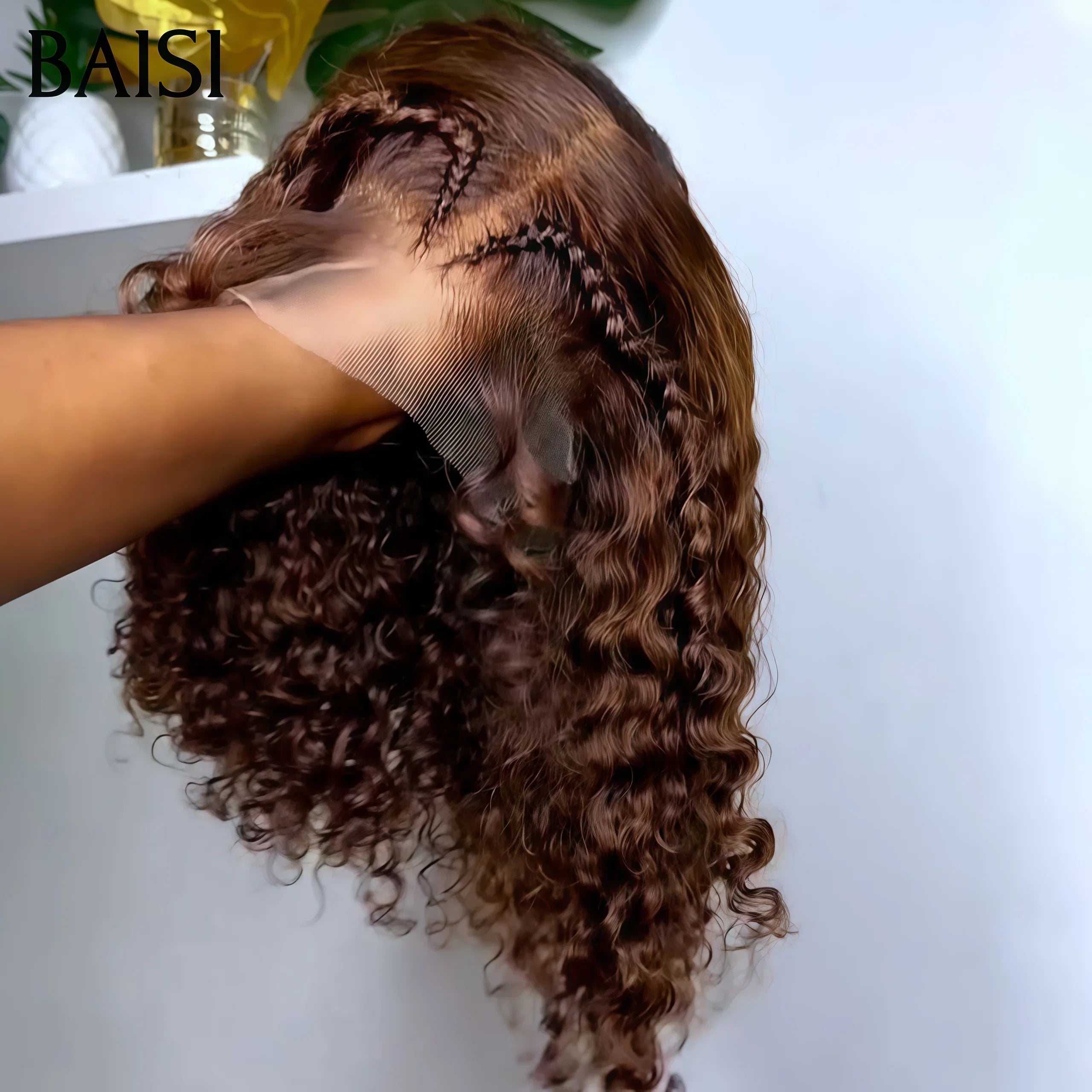 BAISI 4X4 lace perruque curly wave avec Petite natte frisé en Couleur marron 4# Comme la video 100% cheveux humains