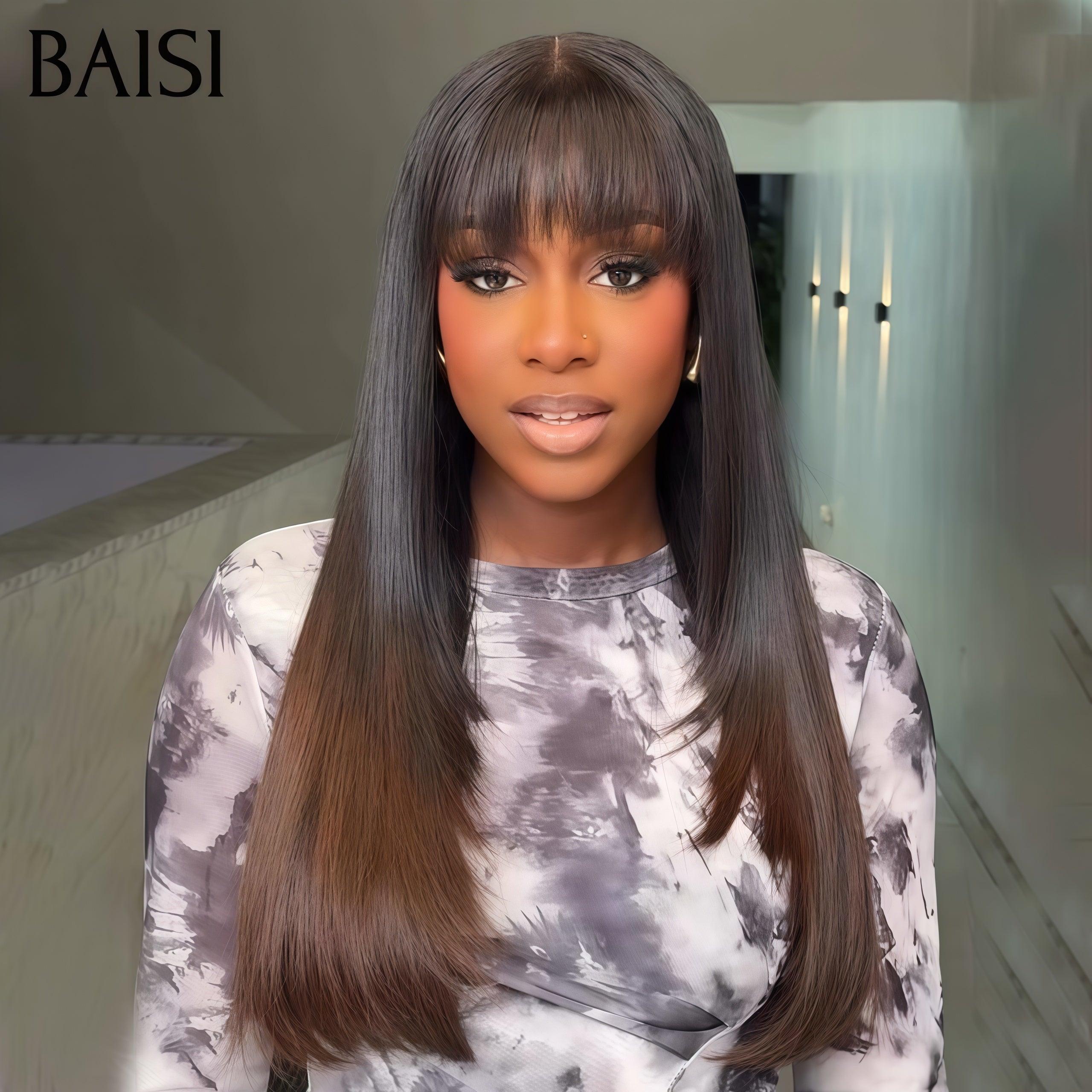 BAISI Luxury Egg Wave Wigs with Bangs Made by Double Drawn Hair with Natural Middle Parting 300% Density