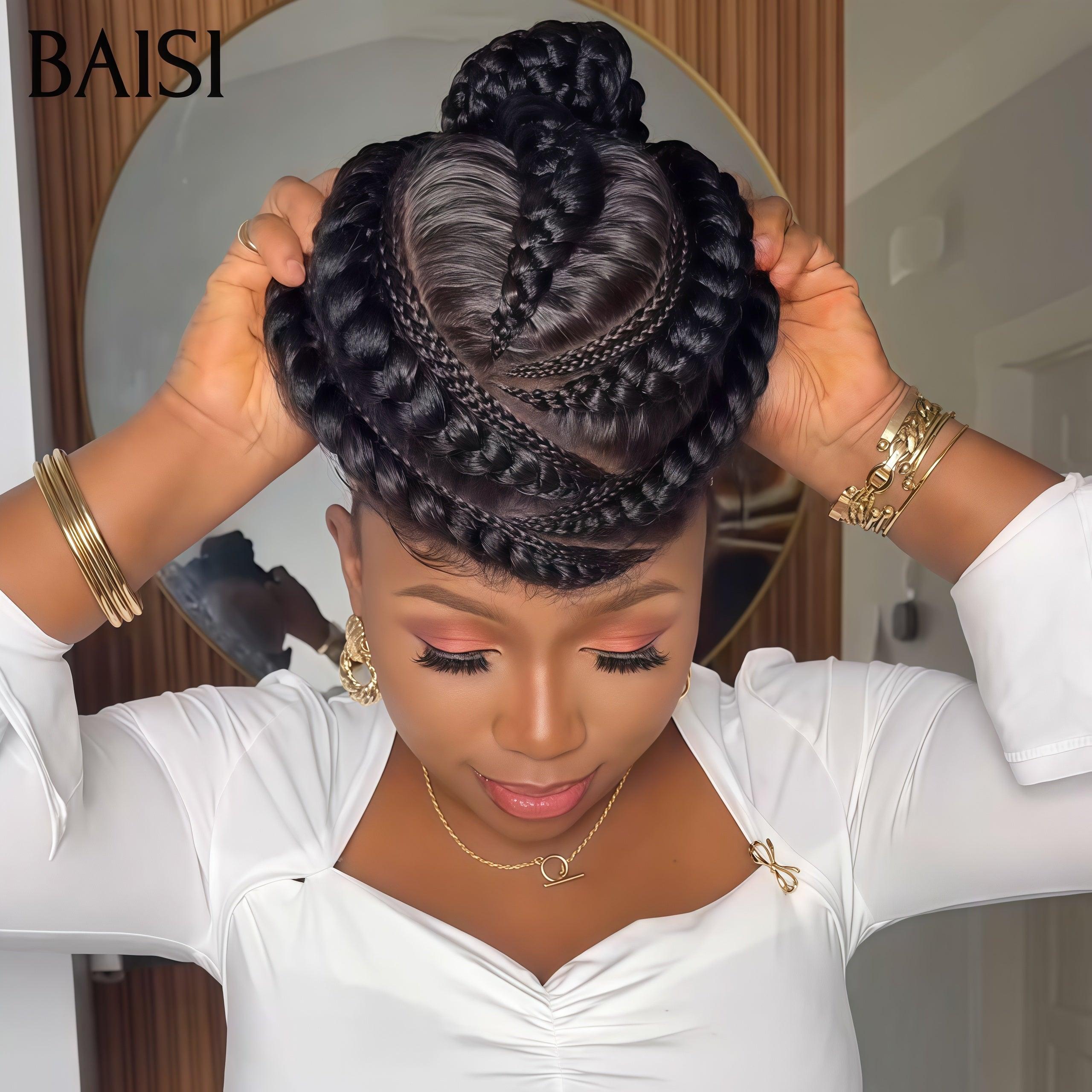 BAISI Perruque Full Lace style tresses regroupées en chignon 100% Cheveux Naturels Full lace perruque Petite natte en Couleur NOIR Coiffure Chignion 100% Comme la video 100% cheveux humains FR20