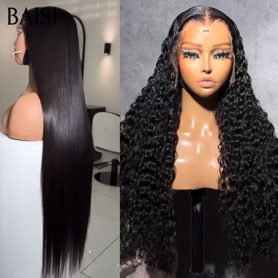 BAISI 2 perruques 239€ lace frontal 26 Pouces curly wave et Lisse ou 2 Perruques 350€ 4X4 lace Lisse 26 Pouces et curly wave 26 Pouces NOIR 200% densité en 100% Cheveux Humains BS65