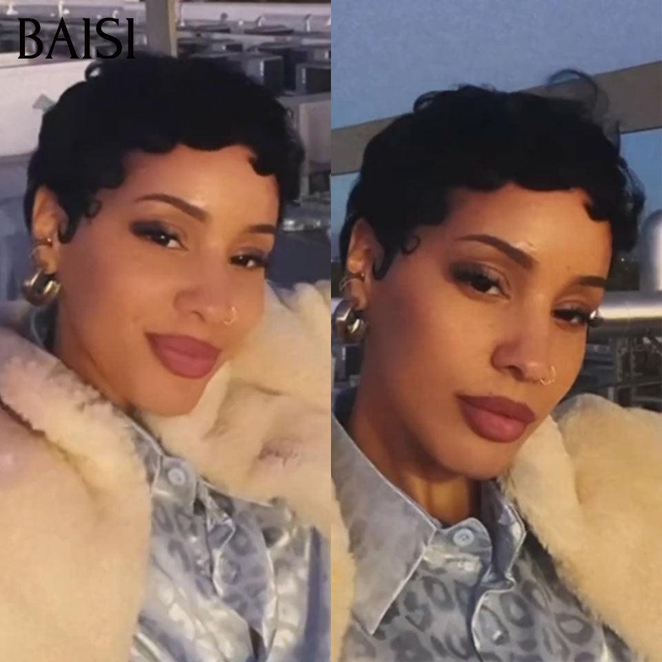 BAISI Femme VIP 13X4 lace Perruque Pixie vague En Couleur noir 56€ Sans Colle finger wave 46€ en 100% Cheveux Humains