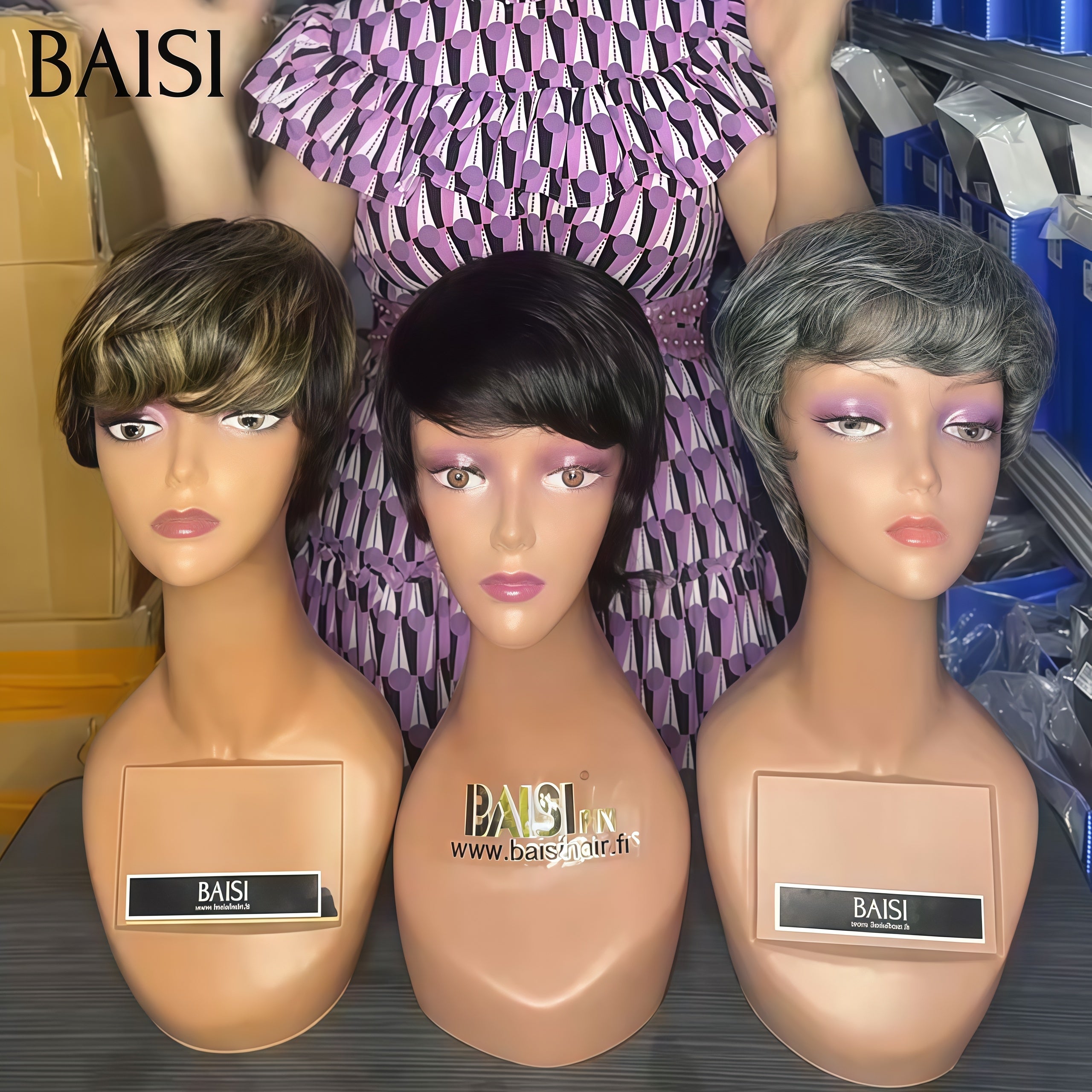 BAISI 3 Perruques 75€ Vente en gros pixie lisse Fabriqué à la Machine 3 couleurs mixte ou noir ou gris en 100% vrais cheveux humains