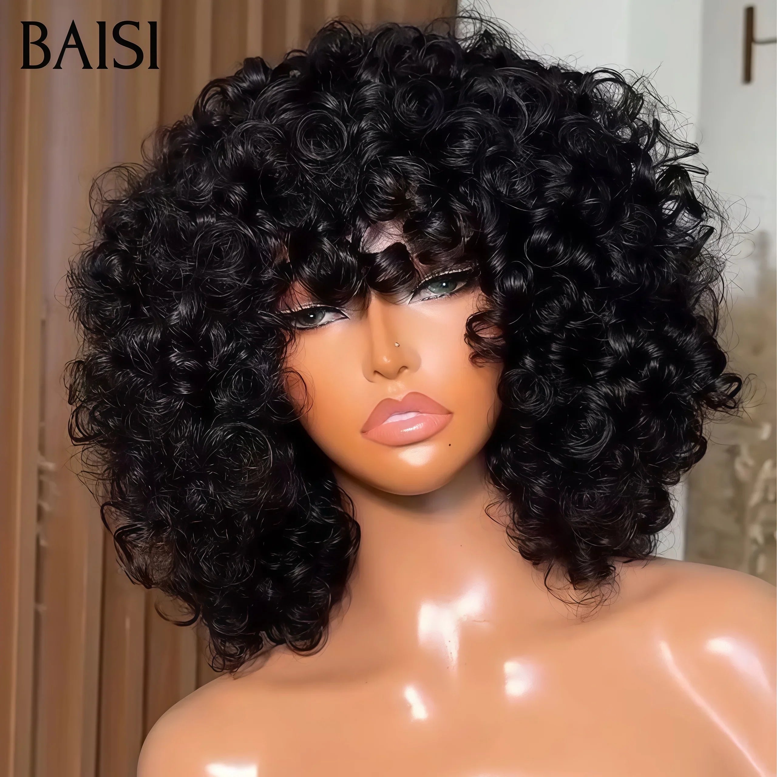 BAISI Offre Flash 38€ Perruque Pixie Finger Wave ou egg wave avec Frange Bob petite coupe fabriqué à la machine En 100% Cheveux Humains