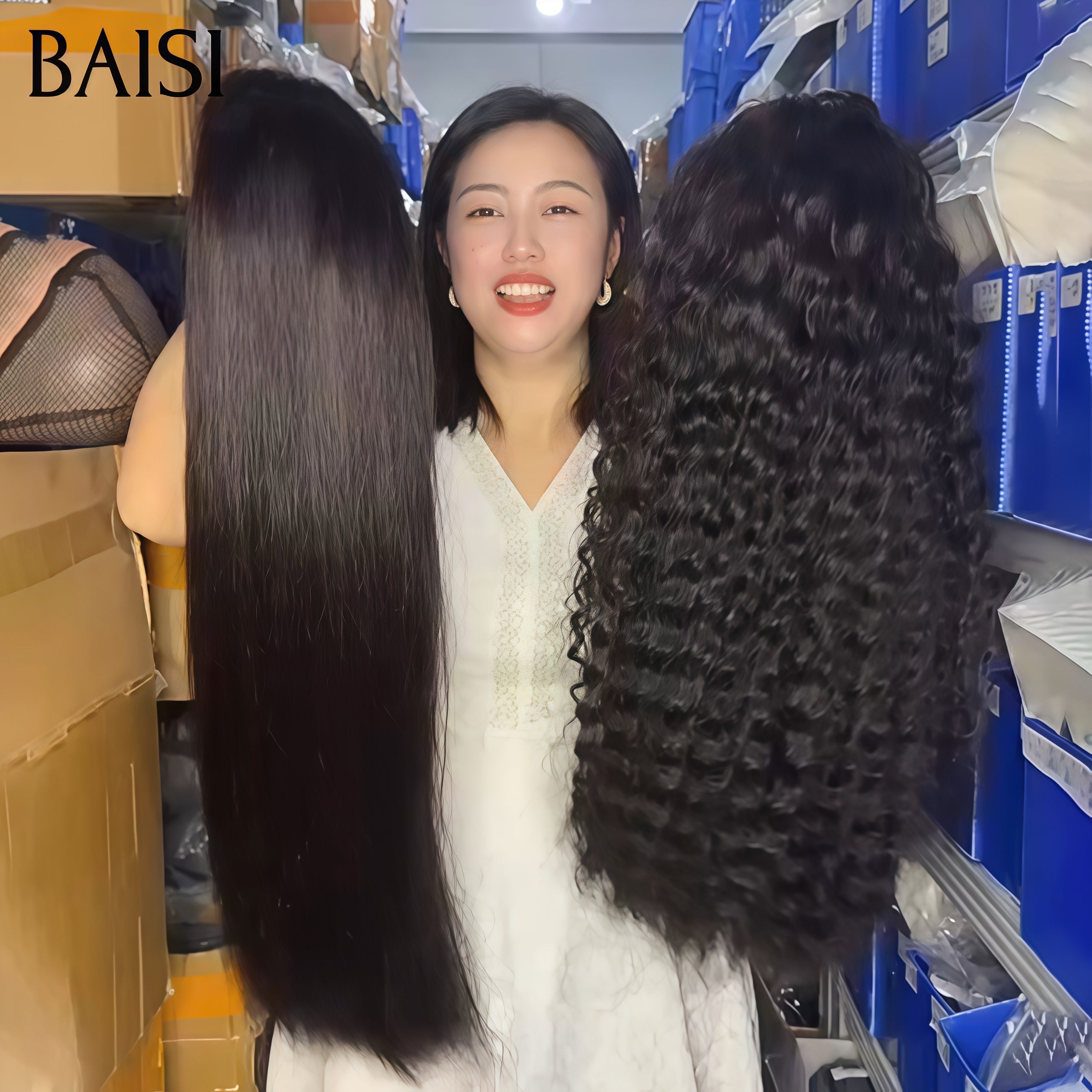 BAISI Lot de 2 perruques PROMOTION 13X4 lace frontal 28 Pouces curly wave et lisse NOIR en 100% vrais cheveux humains