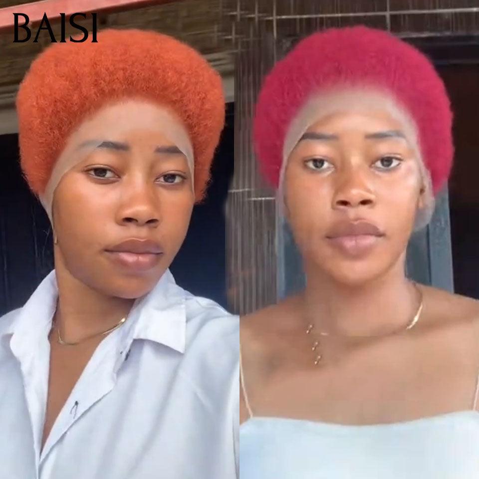 BAISI afro curly Fabriqué à la Machine NOIR Sans Lace 55€ ou 2 Perruques 100€ Pixie Afro Curl 13x4 lace frontal bouclé partout Couleur orange 350# & Bordeaux 99J# en 100% cheveux humains F-905