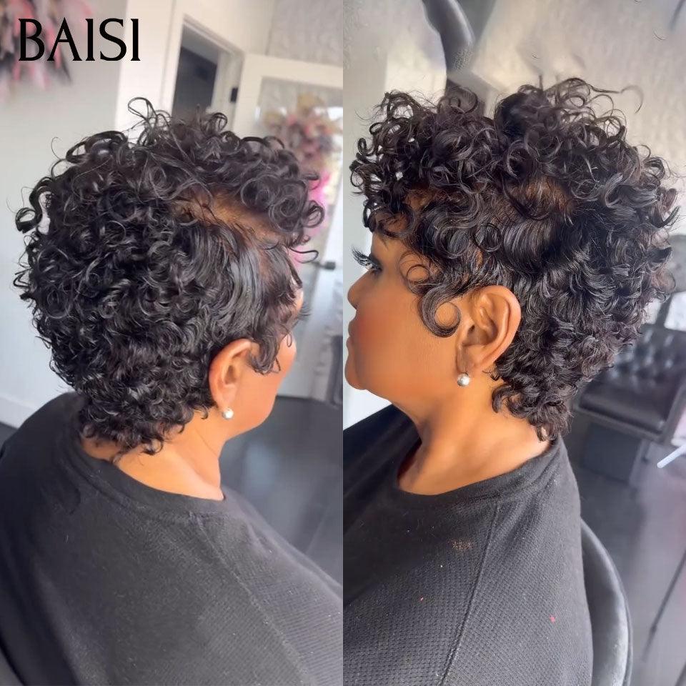 BAISI Perruque Full Lace 100% Cheveux Naturels Full Lace Perruque 119€ Pixie Finger Wave petite coupe en Couleur Noir en 100% cheveux humains