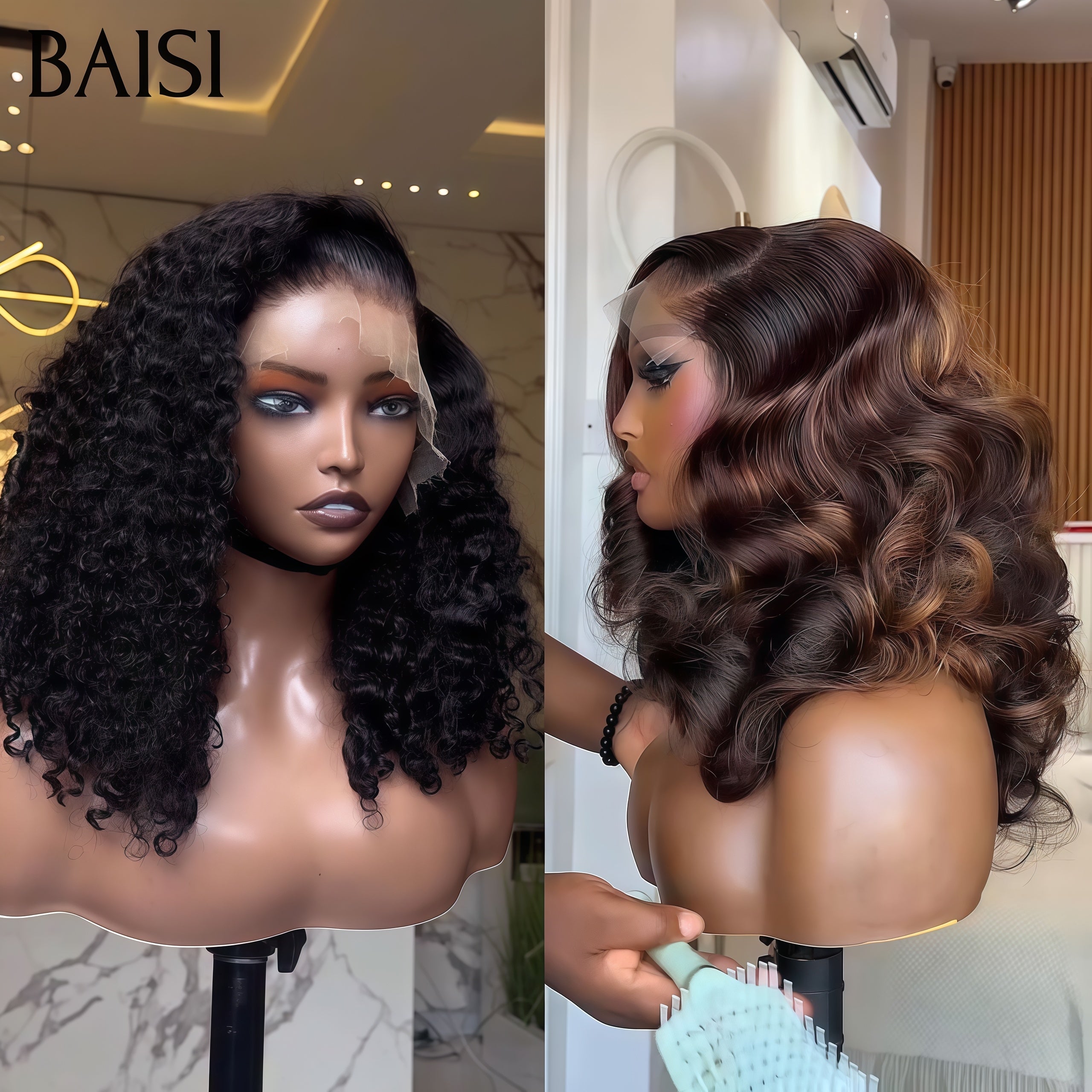 BAISI Achetez 1 + 1 Gratuite = 159€ Perruque 13x4 lace frontal curly wave 16 Pouces et 5x5 lace egg wave 12 Pouces en 100% vrais cheveux humains