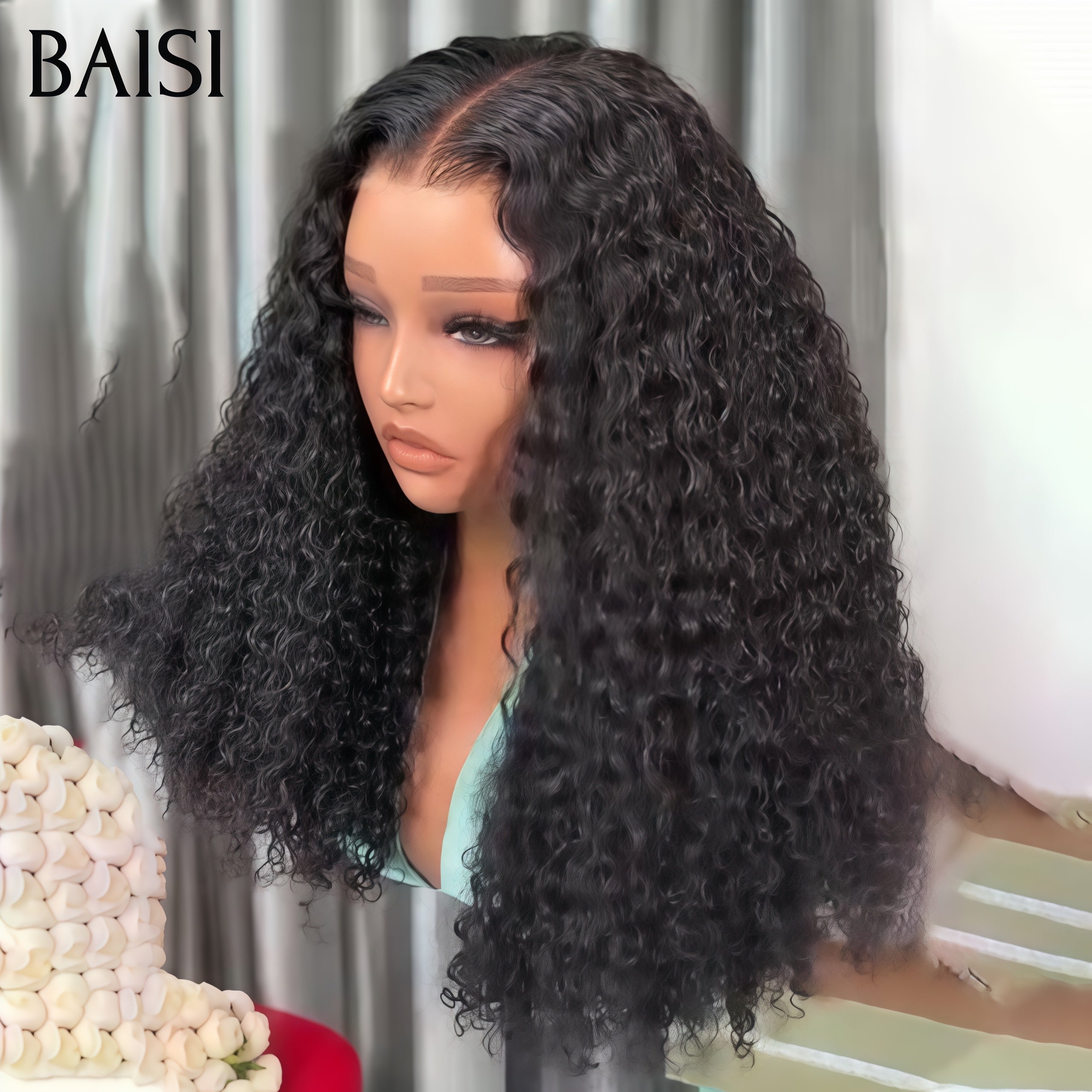 Pelucas BAISI de lujo con ondas de huevo con flequillo hechas con cabello doble dibujado con raya media Natural 300% de densidad