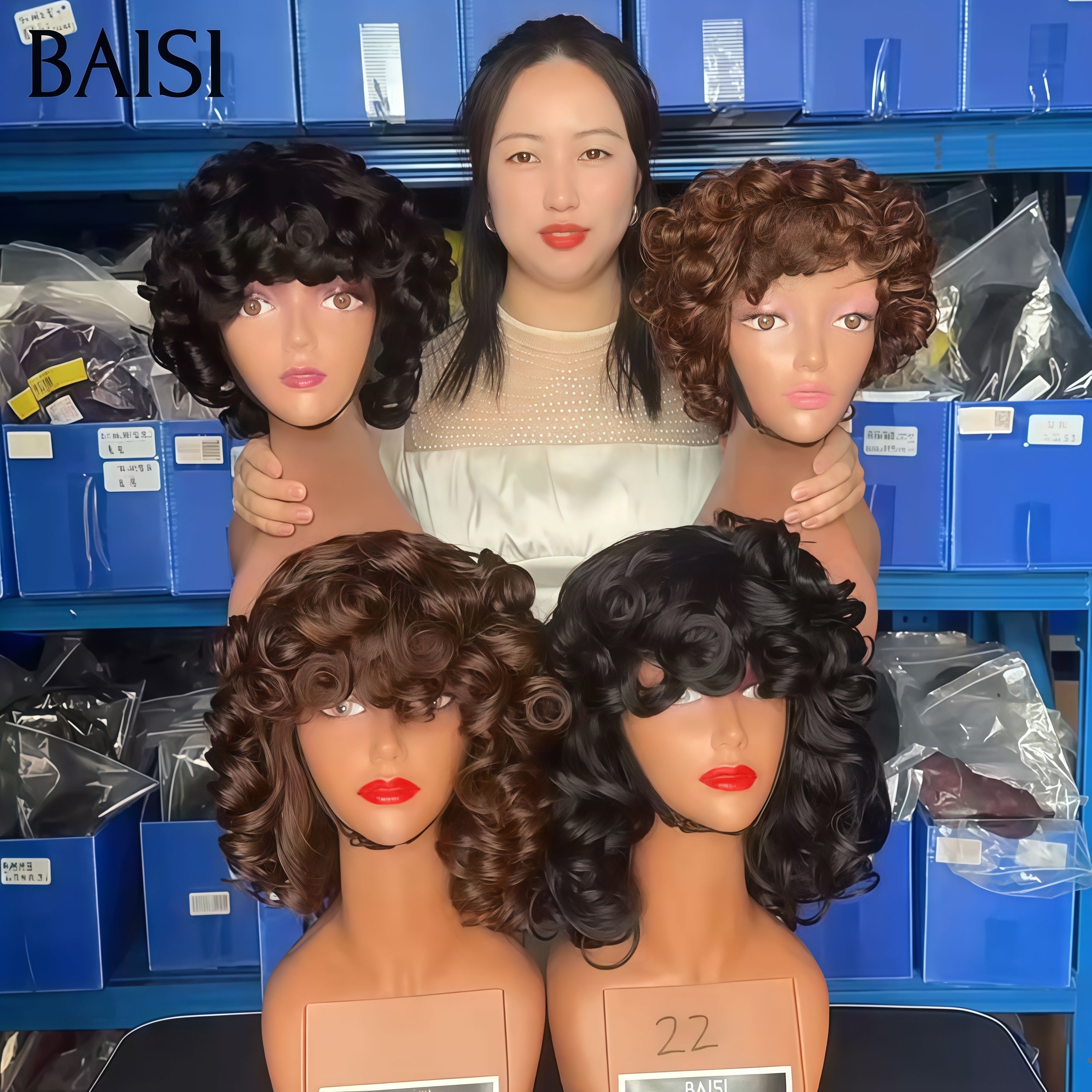 BAISI 2 Perruques 100€ 12 Pouces bouclé egg Wave avec Frange ou Volume de 300% 180€ 14 pouces sans Colle Fabriqué à la Machine en 100% Cheveux Humains BS65