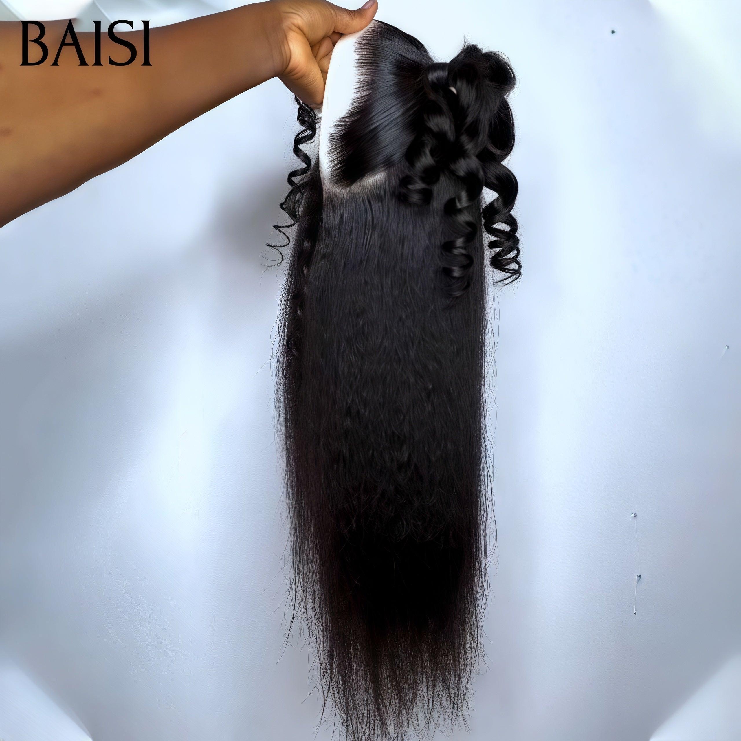 BAISI 13X4 lace perruque kinky straight avec Petite natte frisé frontale lace en Couleur NOIR 100% cheveux humains